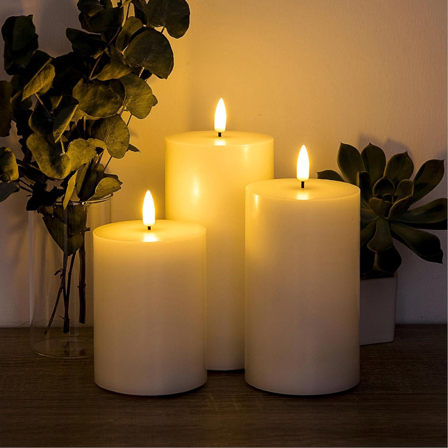 Eywamage 3 Pack White Flameless Pillar Candles with Remote D 3" H 4" 5" 6", Flat Top Flickering Electric LED Battery Candles, Real Wax Unscented