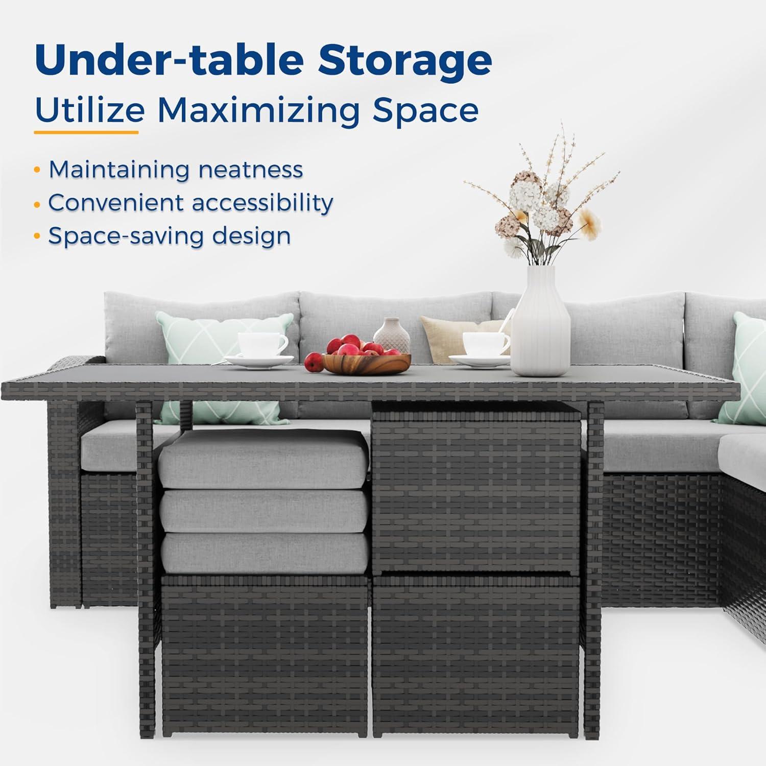 CozyHom 7 Pcs Outdoor Patio Sectional Dining Table Furniture Sofa Sets All Weather PE Wicker Rattan Conversation Set With Ottoman and Cushions, Gray