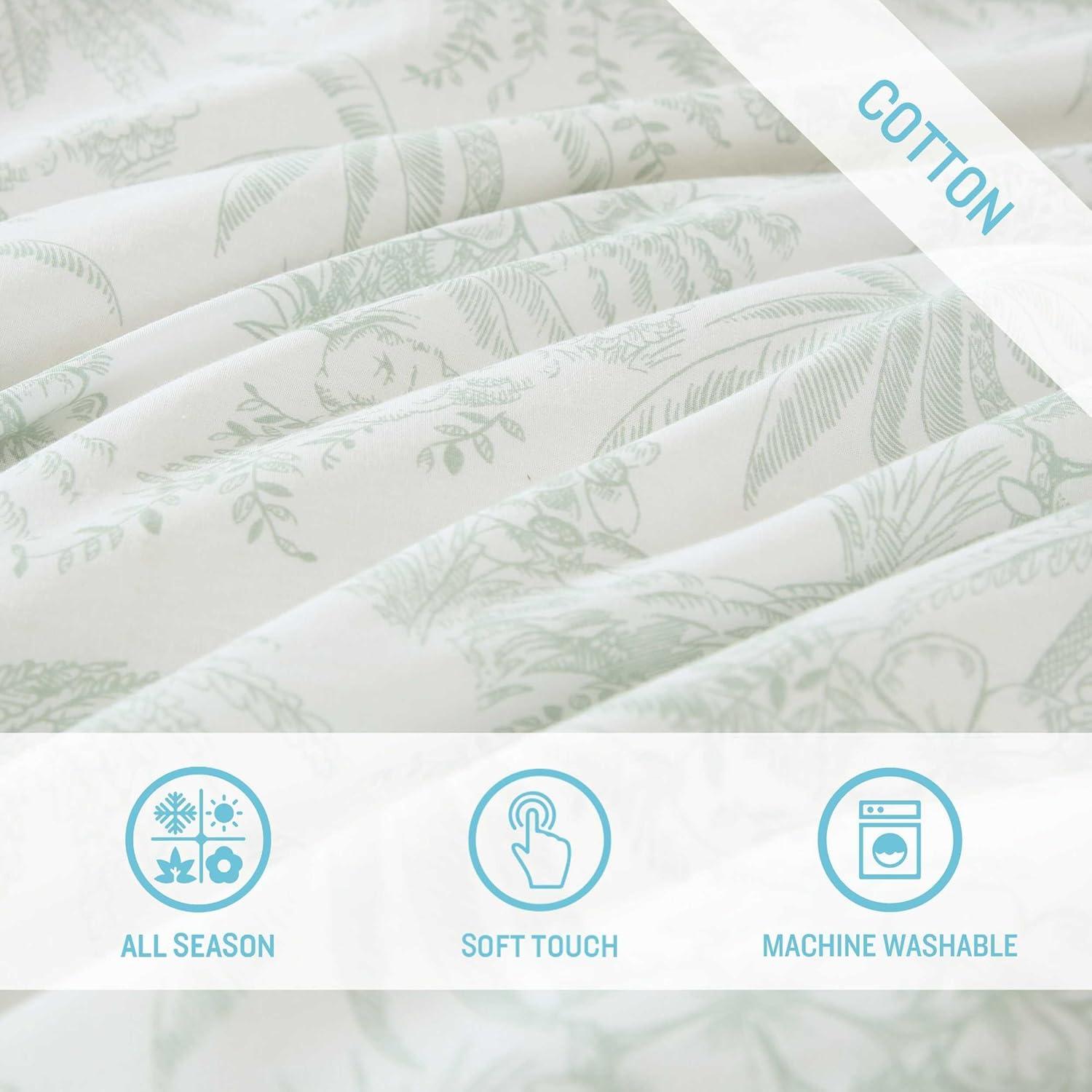 Pen and Ink Green Cotton Floral Queen Duvet Cover Set