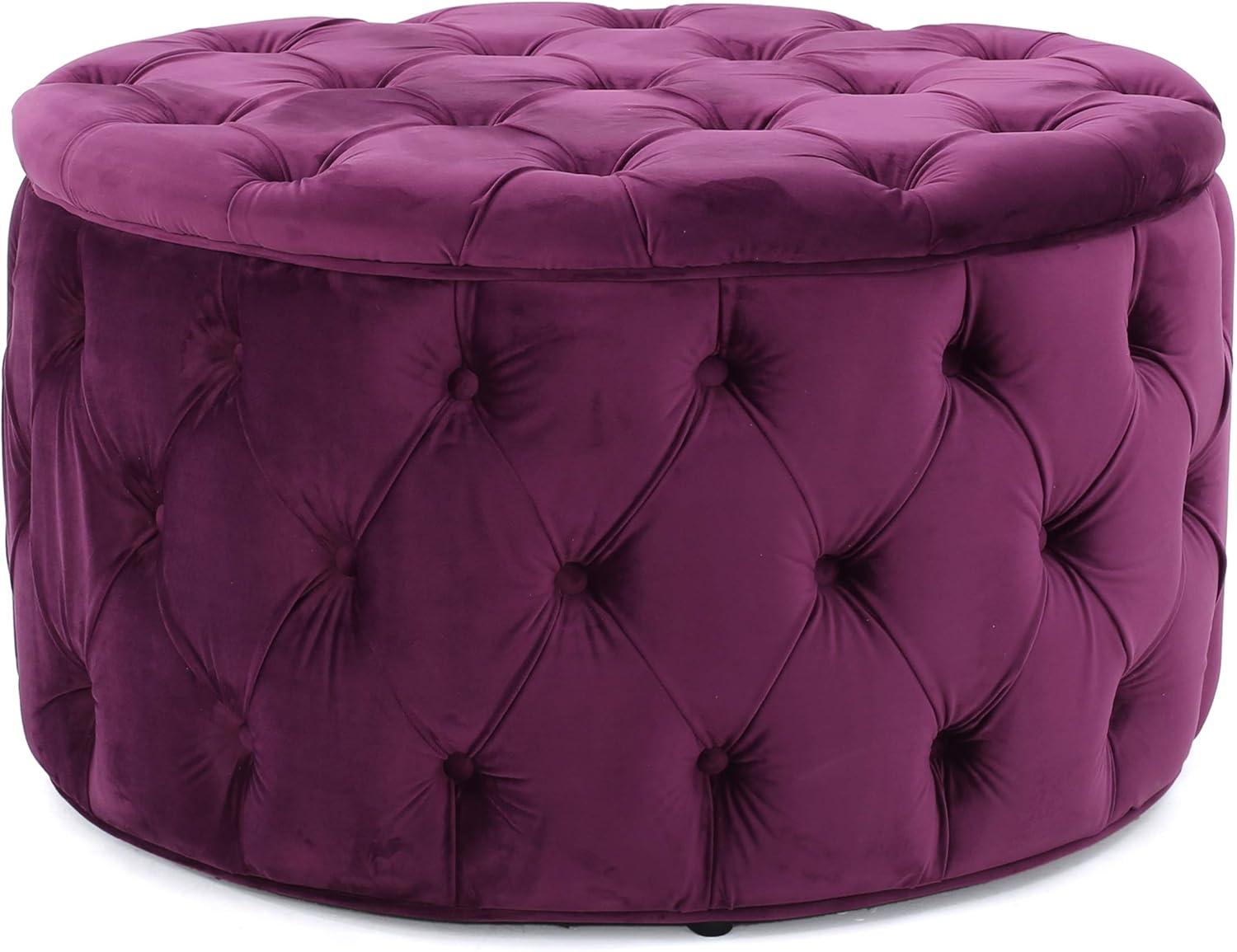 Maelyn Plush Velvet Tufted Round Ottoman in Dark Magenta