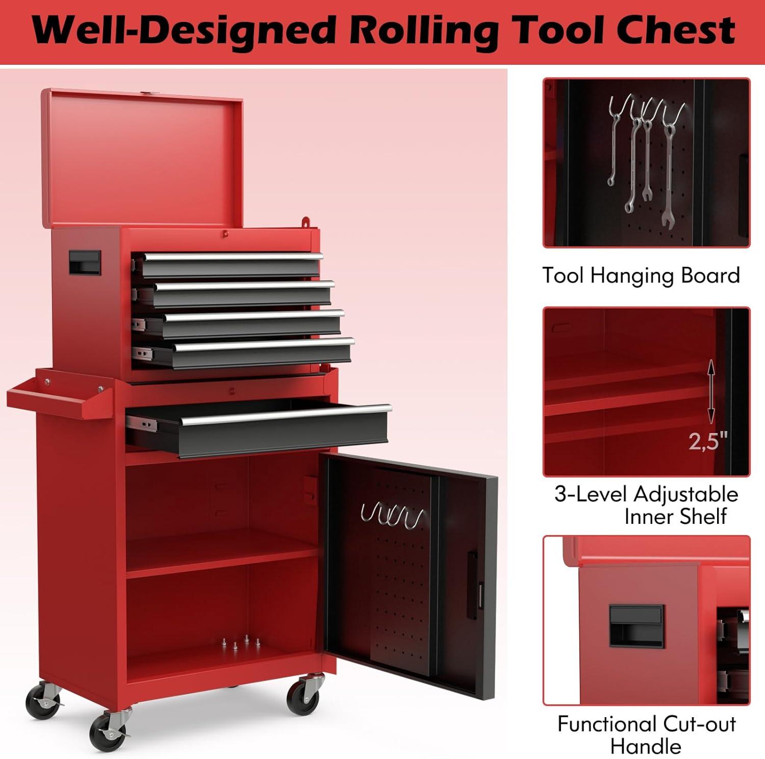 Tool Chest, 5-Drawer Rolling Tool Storage Cabinet with Detachable Top Tool Box, Liner, Universal Lockable Wheels