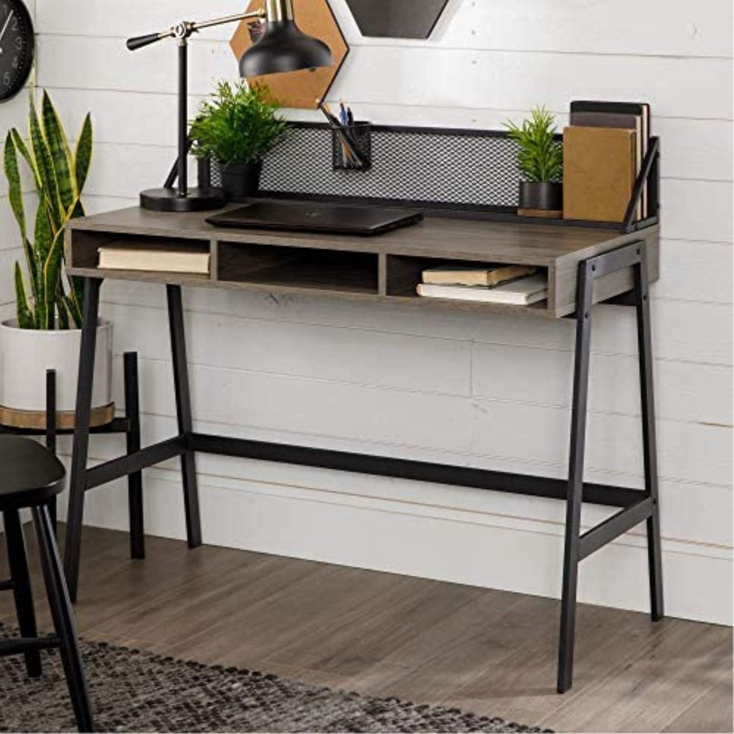 xrboomlife Industrial Mesh Wood Laptop Computer Writing Desk Home Office Workstation Small  42 Inch  Slate Grey