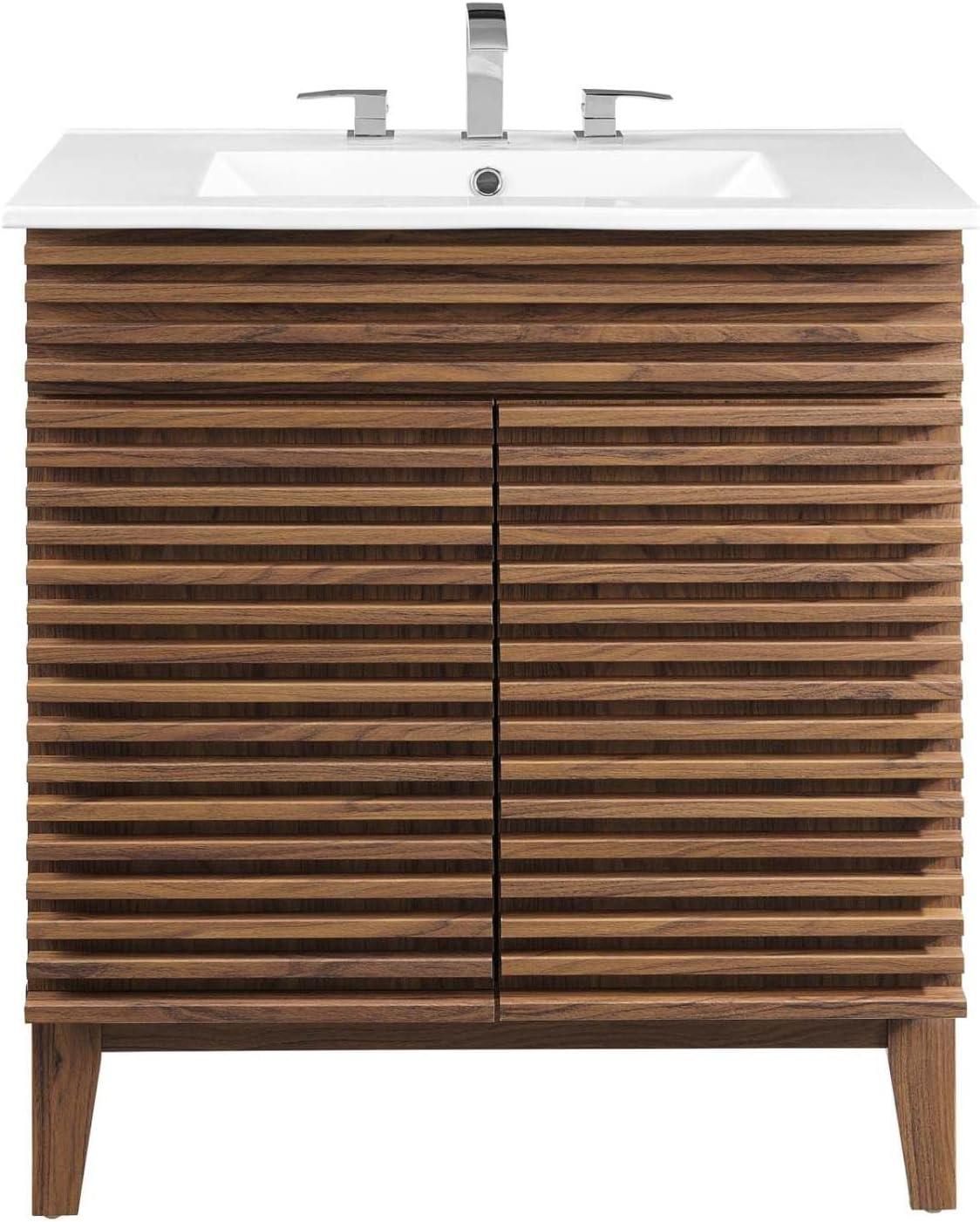 Mid-Century Modern 30" Walnut White Vanity Cabinet with Ceramic Basin