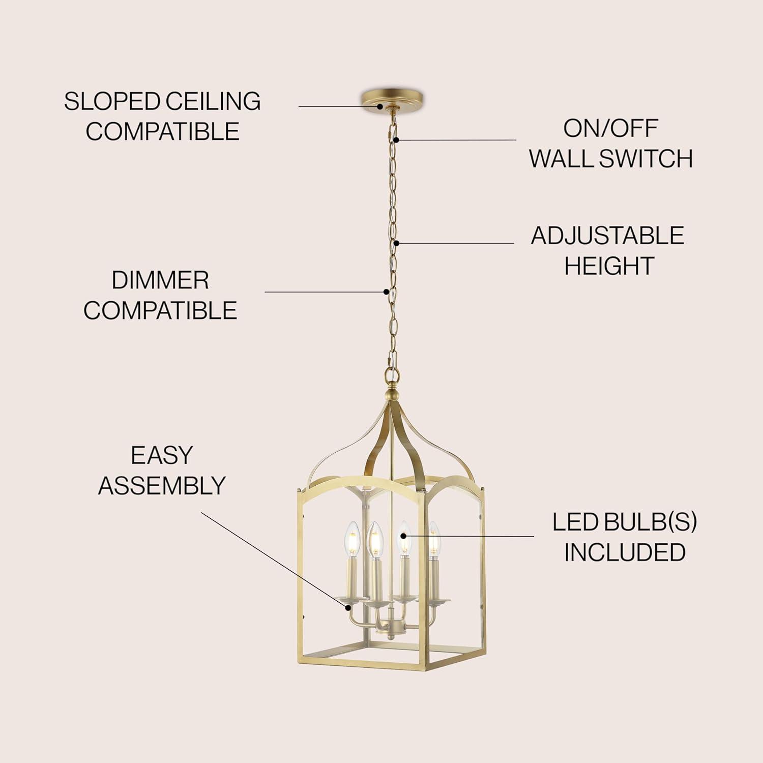 11" LED 4-light Ruth Classic Lantern Metal/Glass Pendant Antique Gold - JONATHAN Y: ETL Listed, Adjustable Height