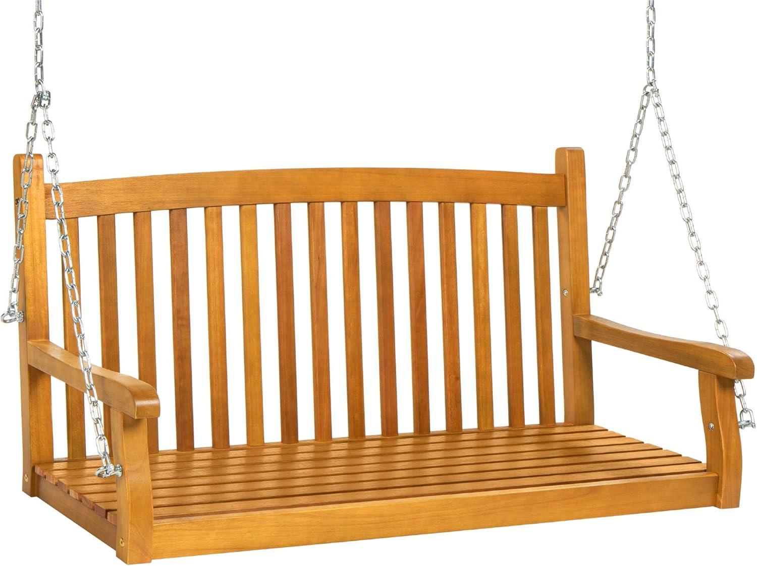 Best Choice Products 48in Wooden Curved Back Hanging Porch Swing Bench for Patio, Deck w/ Mounting Chains