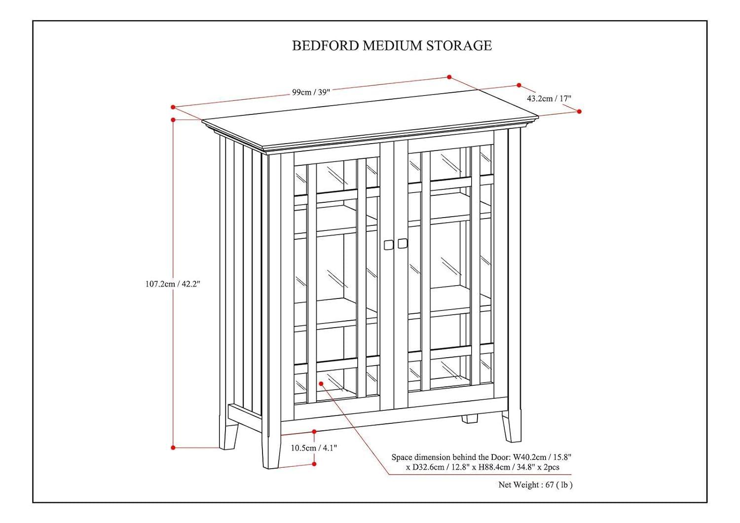 Simpli Home Bedford 39"W Solid Wood 4-Shelf Medium Storage Cabinet with Glass Doors and Adjustable Shelves