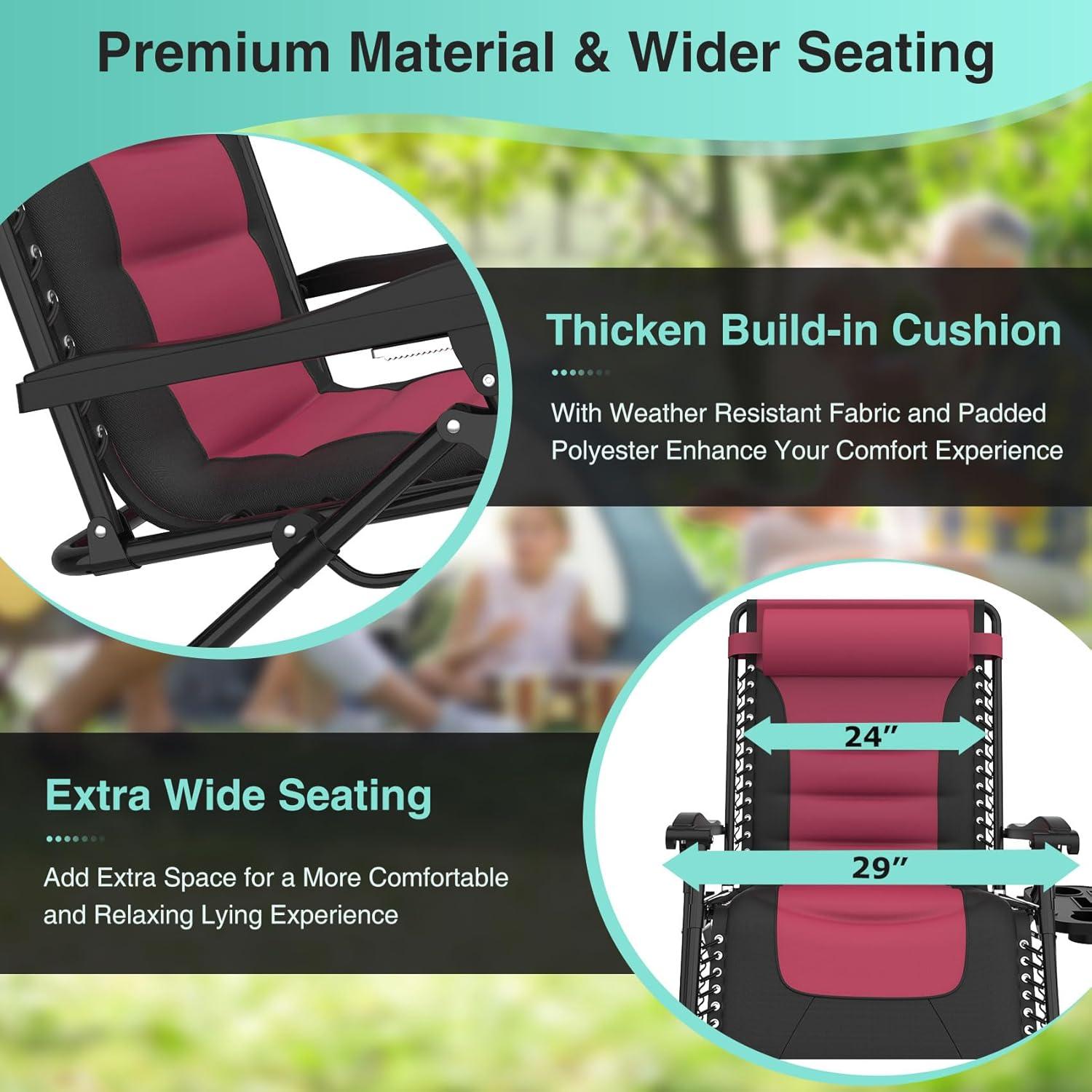 Suteck Oversized Zero Gravity Chair 29In XL Reclining Camping Chair w/Build-in Cushion, Outdoor Lounge Chairs Patio Recliner with Larger Cup Holder Footrest Padded Headrest, 330LBS, Claret&Black