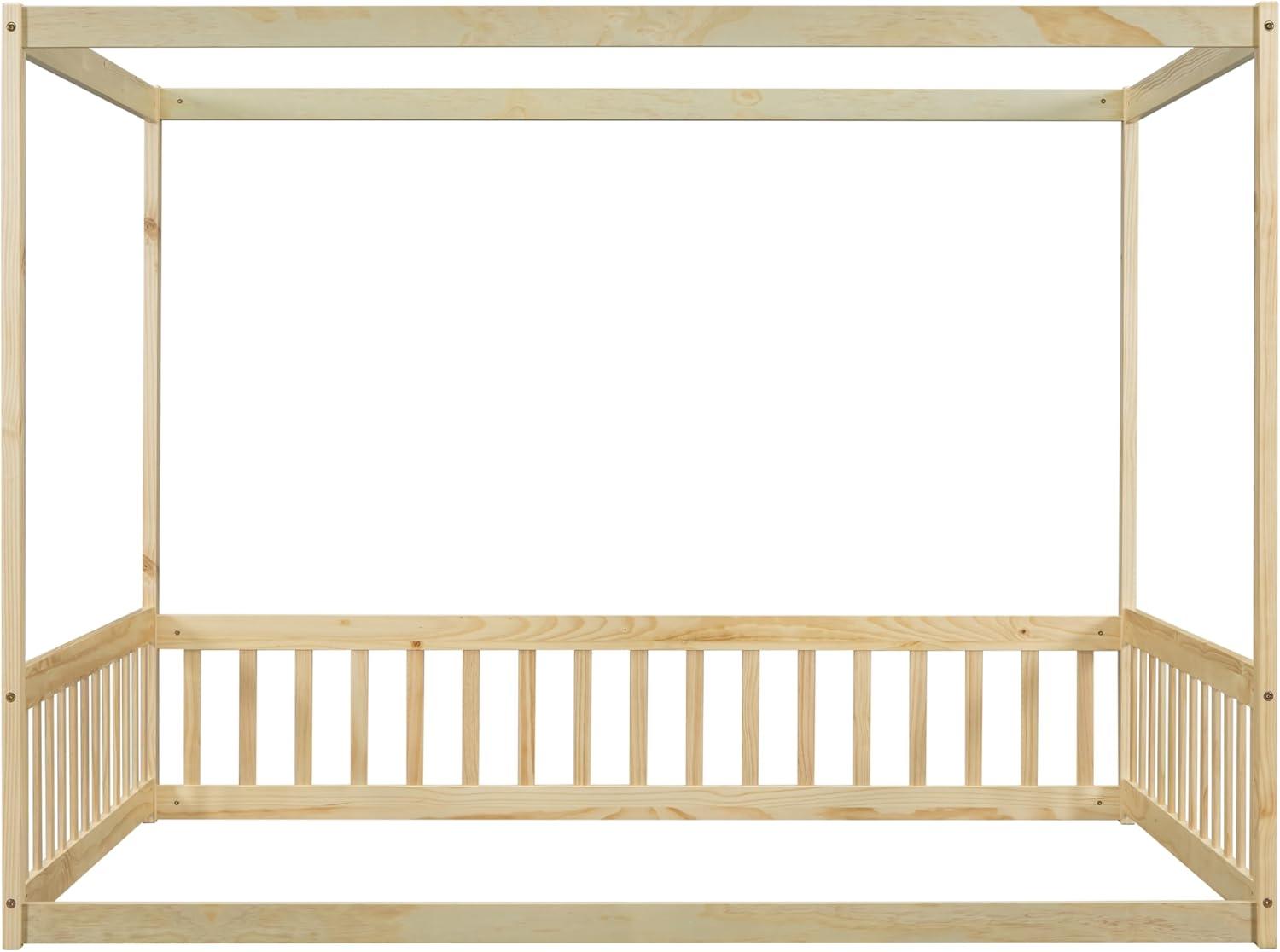 Canopy Frame Twin Size Floor Bed for Kids Bedroom,Wood Bed Frame with Fence for Boys/Girls/Teens,No Box Spring Needed,Natural