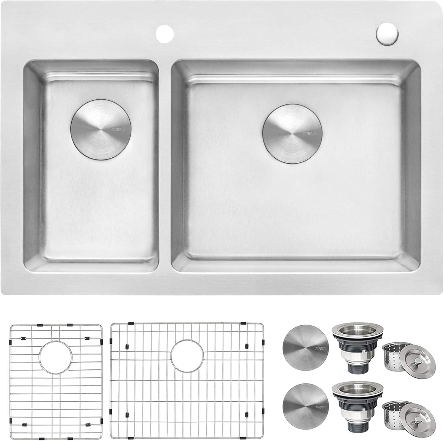 Ruvati 33 x 22 inch Drop-in Topmount Kitchen Sink 16 Gauge Stainless Steel 30/70 Double Bowl