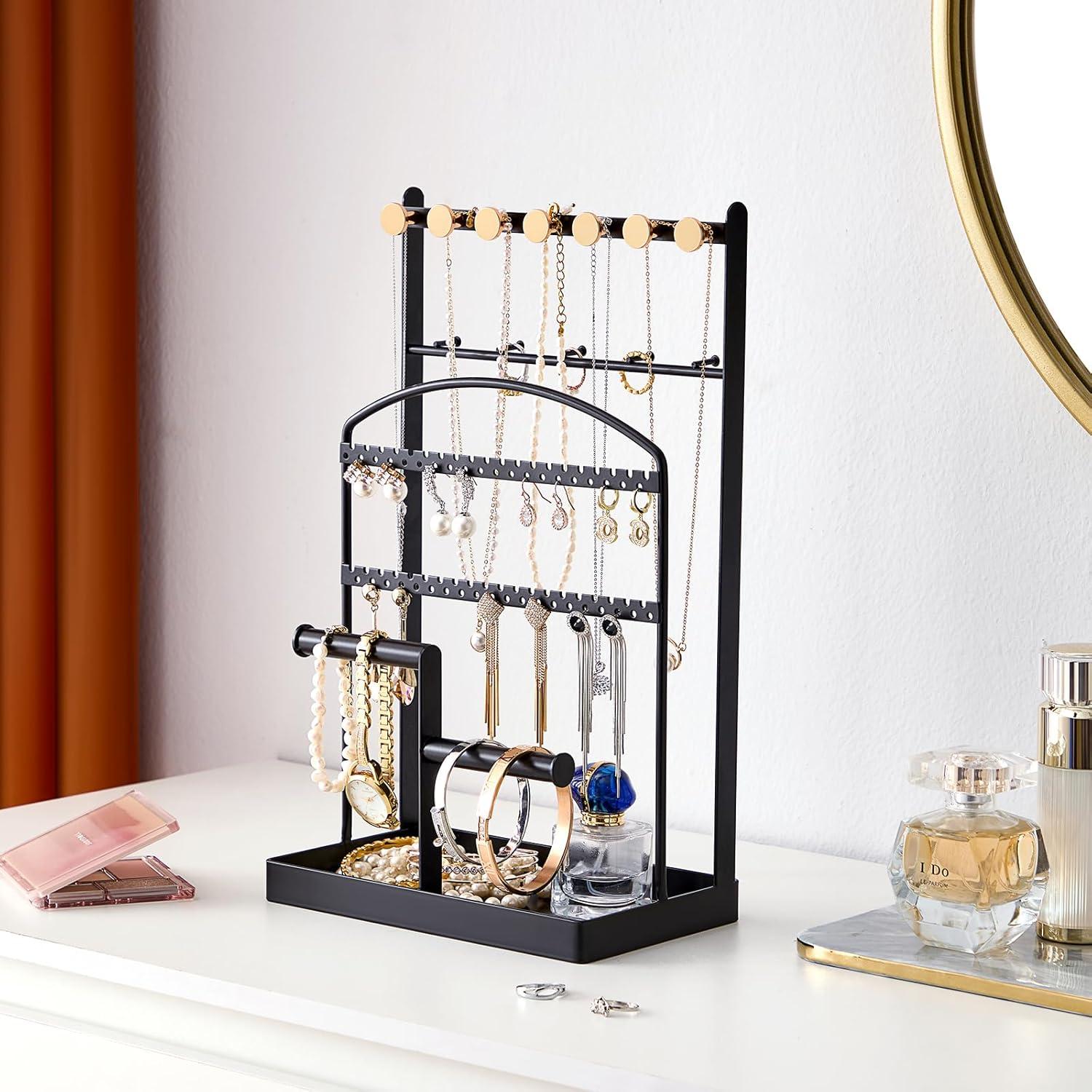 Jewelry Holder, Accessory Organizer, Jewelry Display Stand with Metal Frame and Velvet Tray