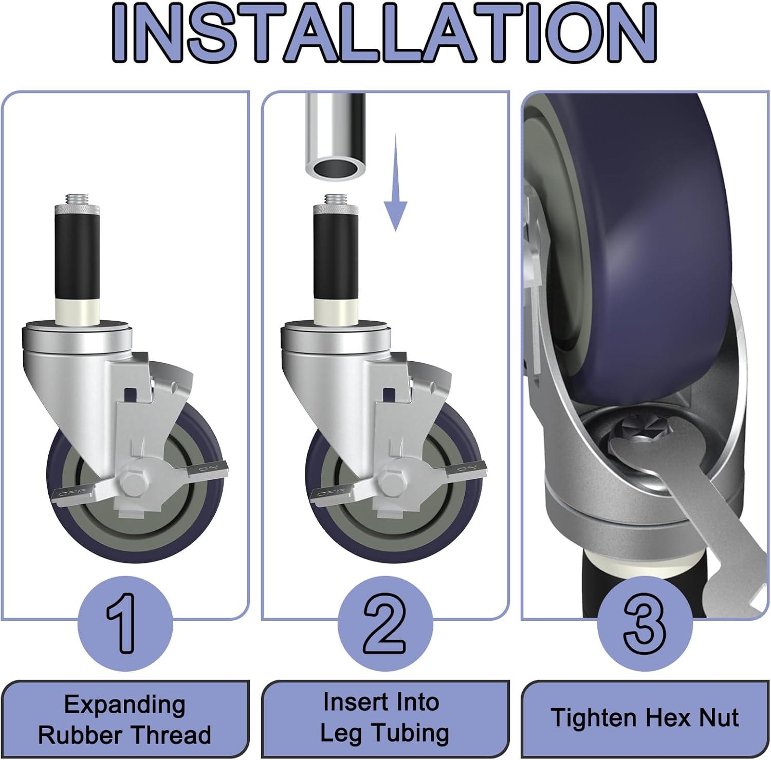 4 inch Prep Table Casters Set of 4 for Commercial Kitchen Prep Tables, Expanding Stem Caster Wheels for Table Legs All with Brake Fit 1-1/2" and 1-5/8" Inner Diameter Leg Tube Adapter Caster