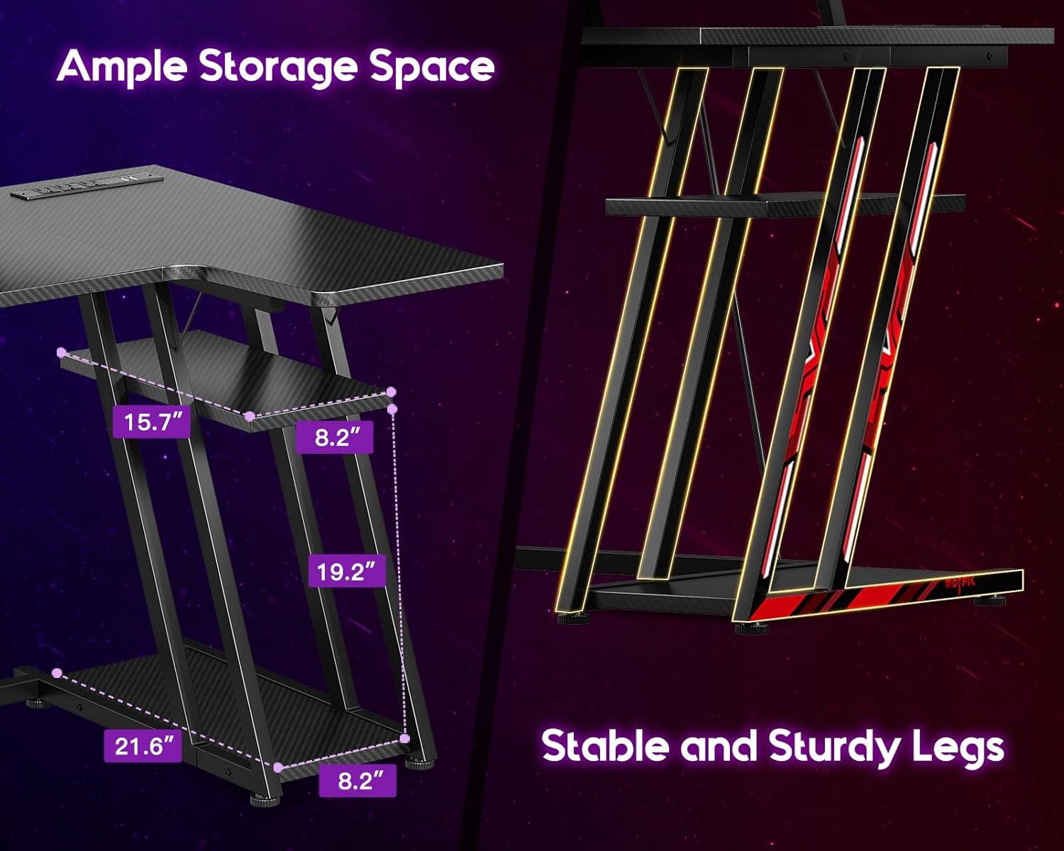 Black Carbon Fiber L-Shaped Gaming Desk with LED Lights and Storage