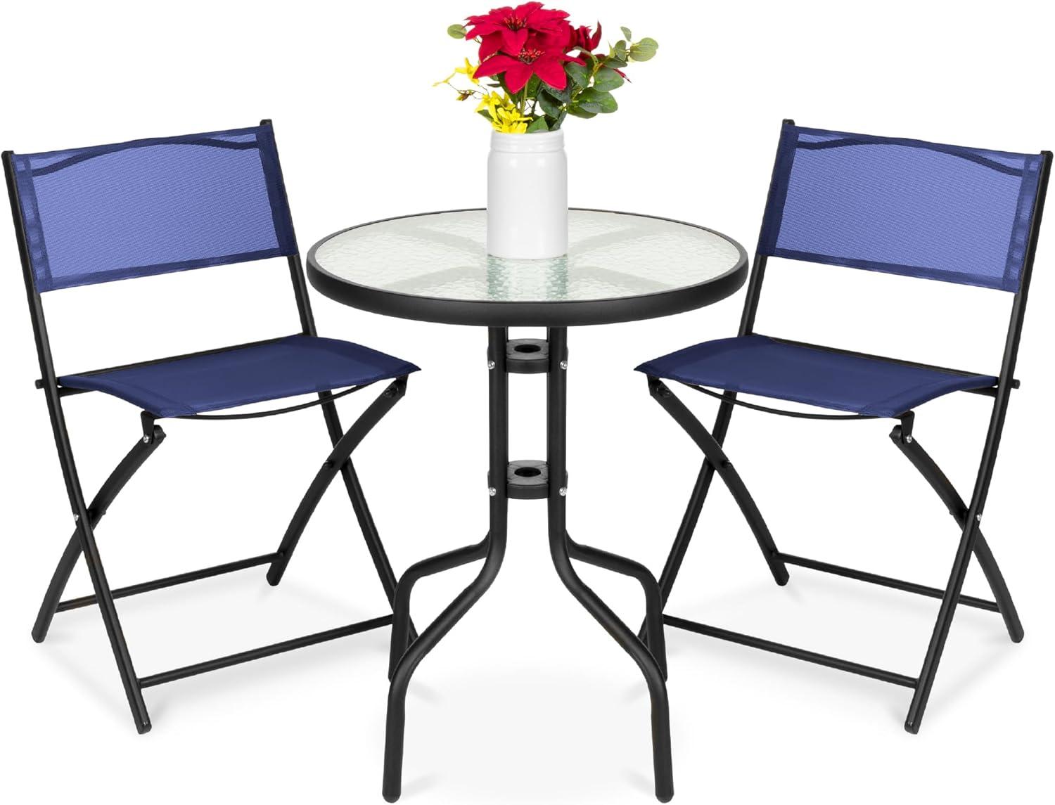 George Oliver 3-Piece Patio Bistro Dining Furniture Set W/ Glass Tabletop, Folding Chairs