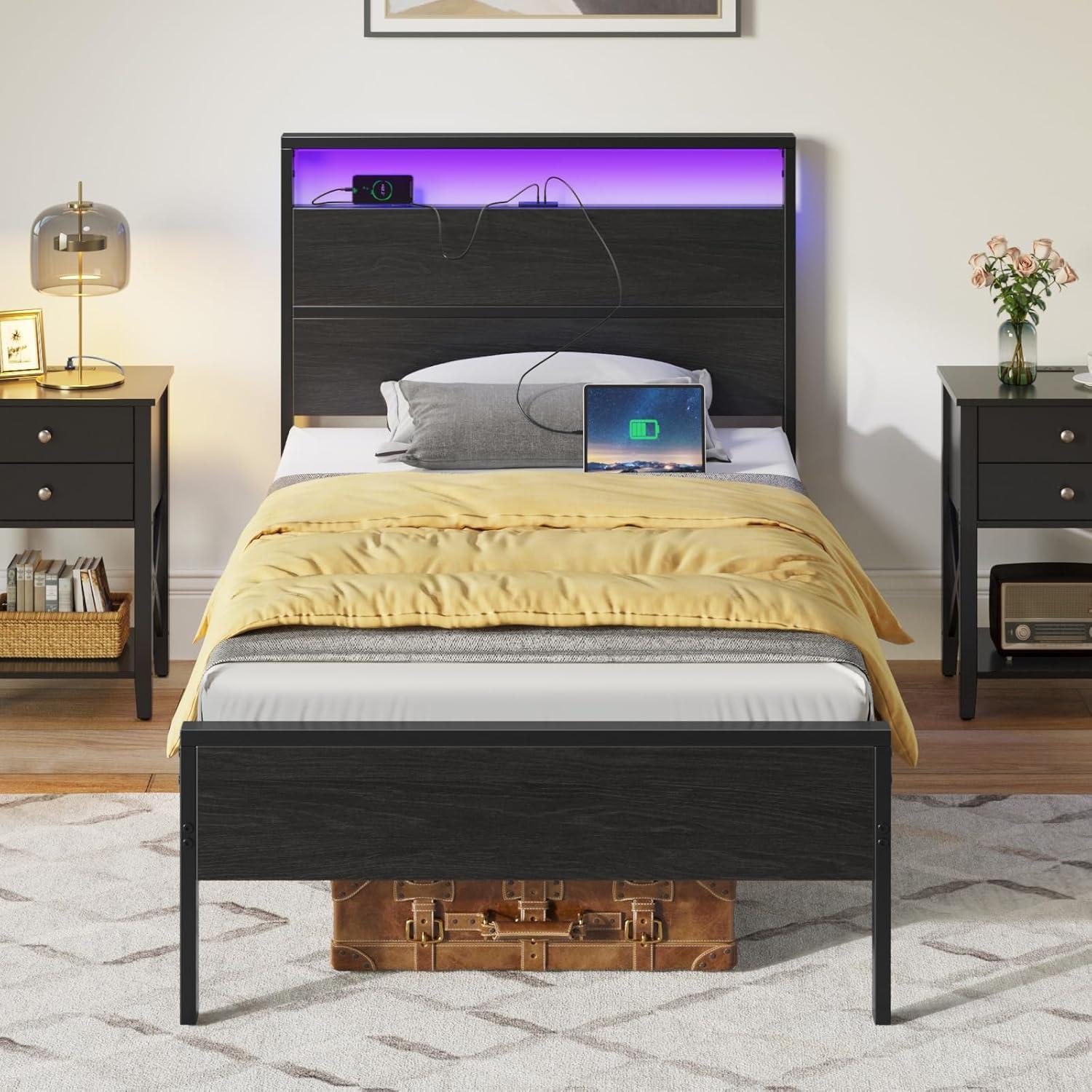 Black Twin Metal Bed Frame with LED Headboard and Storage