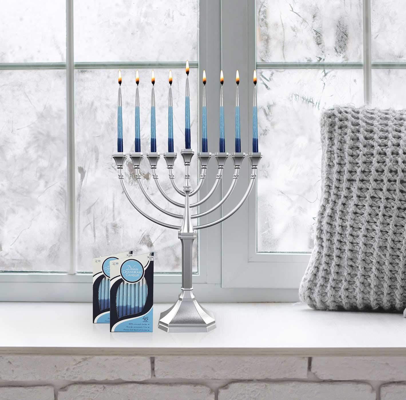 Traditional Classic Hanukkah Menorah - 9.5" Tall Graceful Style Candle Minorah Precision Die Cast Non Tarnish (Satin Silver) By Zion Judaica
