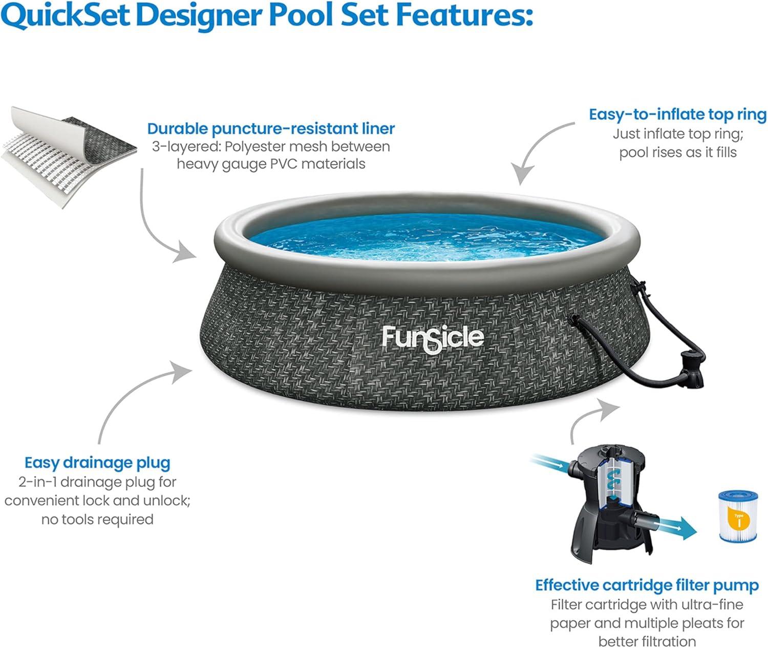 Funsicle 10' x 30" QuickSet Round Inflatable Ring Top Outdoor Above Ground Swimming Pool Set with Pump and Cartridge Filter, Dark Herringbone
