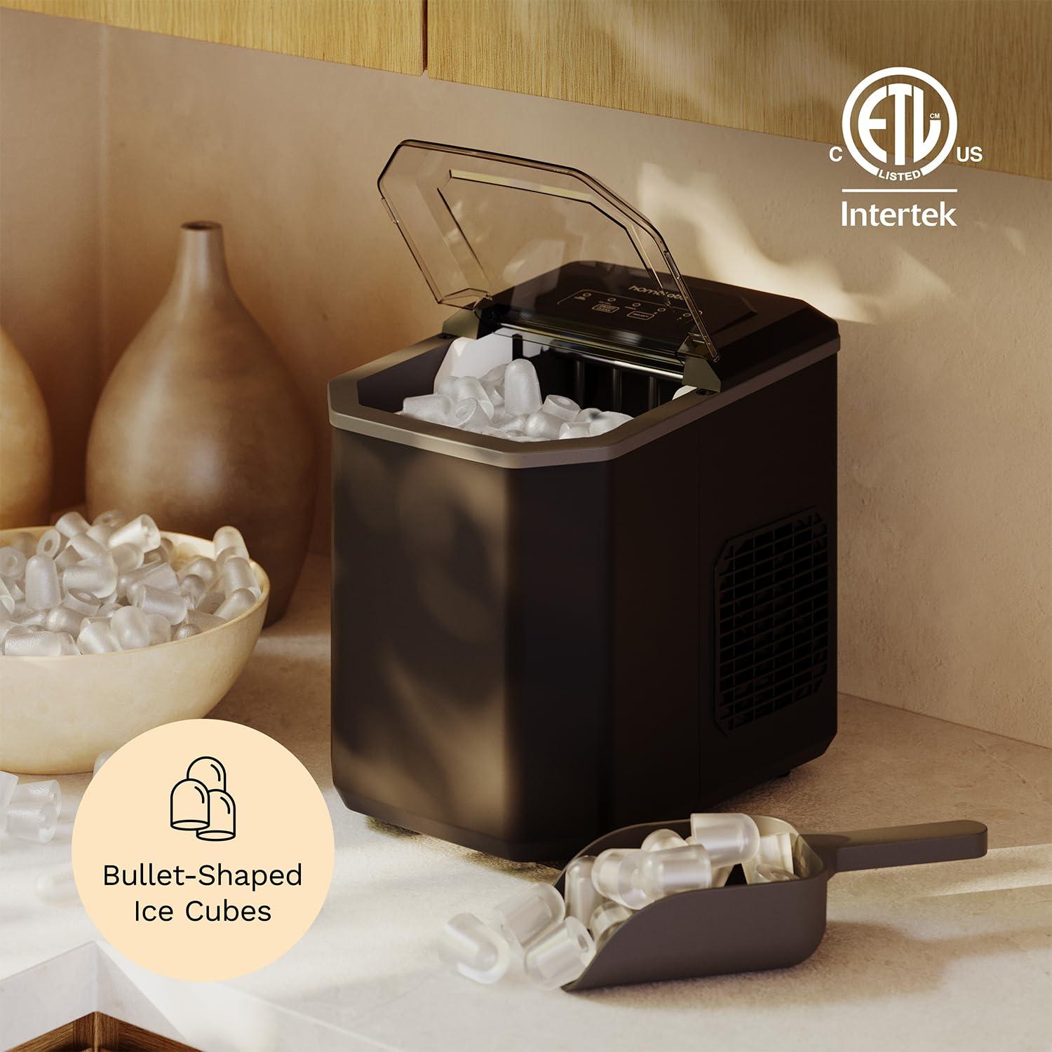 hOmeLabs Countertop Ice Maker – Compact Bullet Ice Machine, 2 Ice Sizes, 26 lbs/Day, Self-Cleaning – Includes Ice Scoop & 5 Ice Bags – Sleek Black Portable Ice Maker for Home & Kitchen