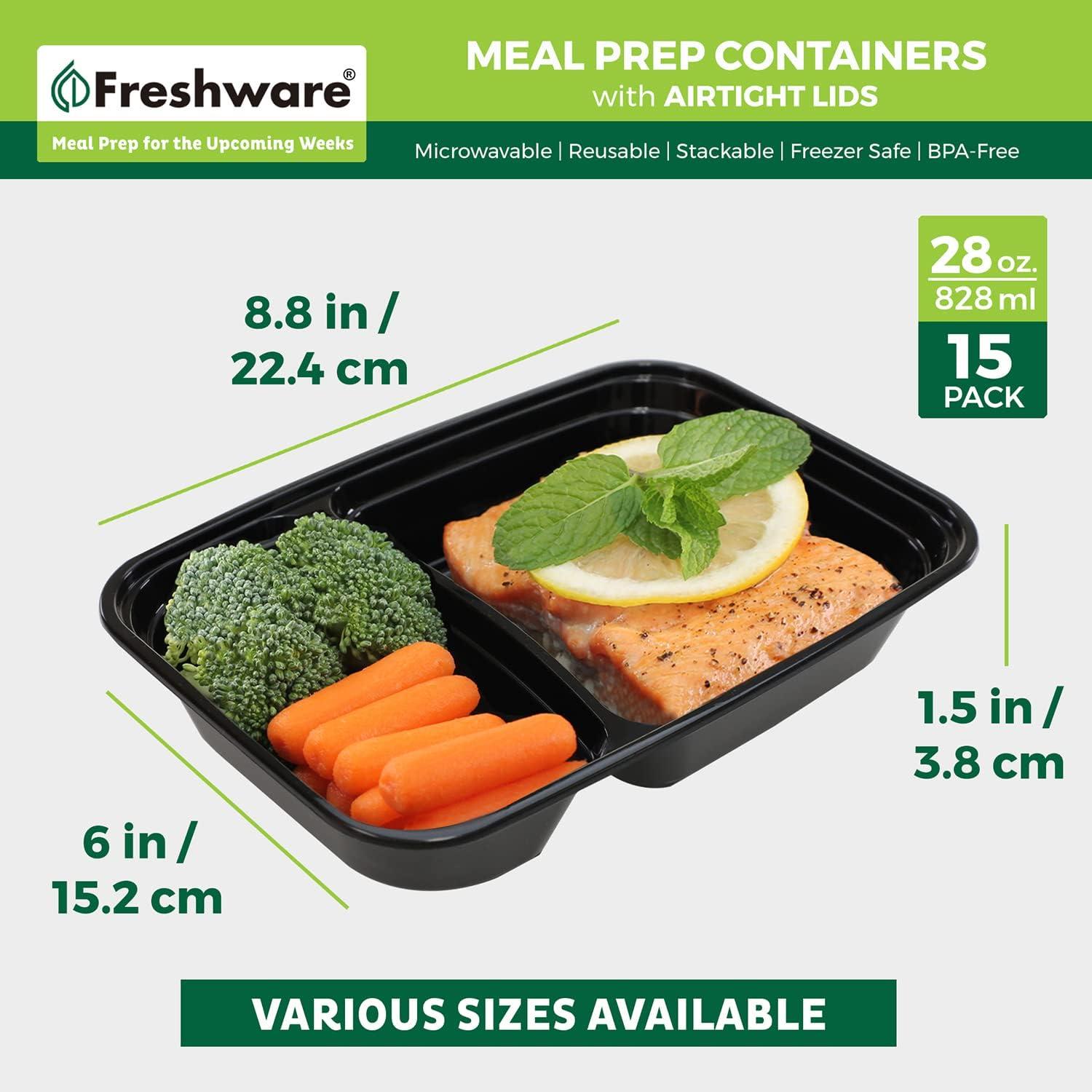 Black BPA-Free Plastic Meal Prep Containers with Divided Storage, 28 oz, Set of 15