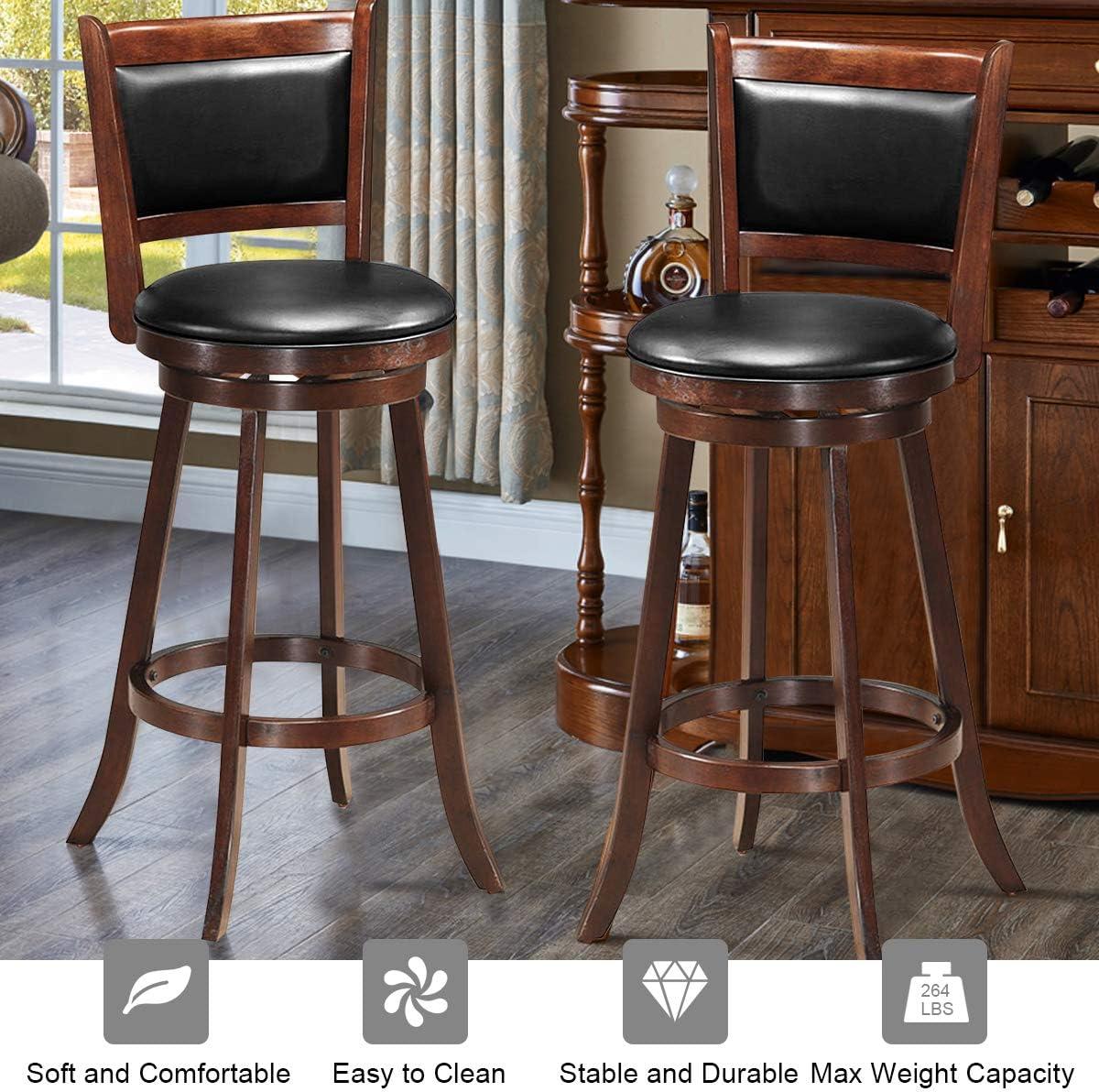 Costway Set of 2 29'' Swivel Bar Height Stool Wood Dining Chair Upholstered Seat Panel Back Espresso