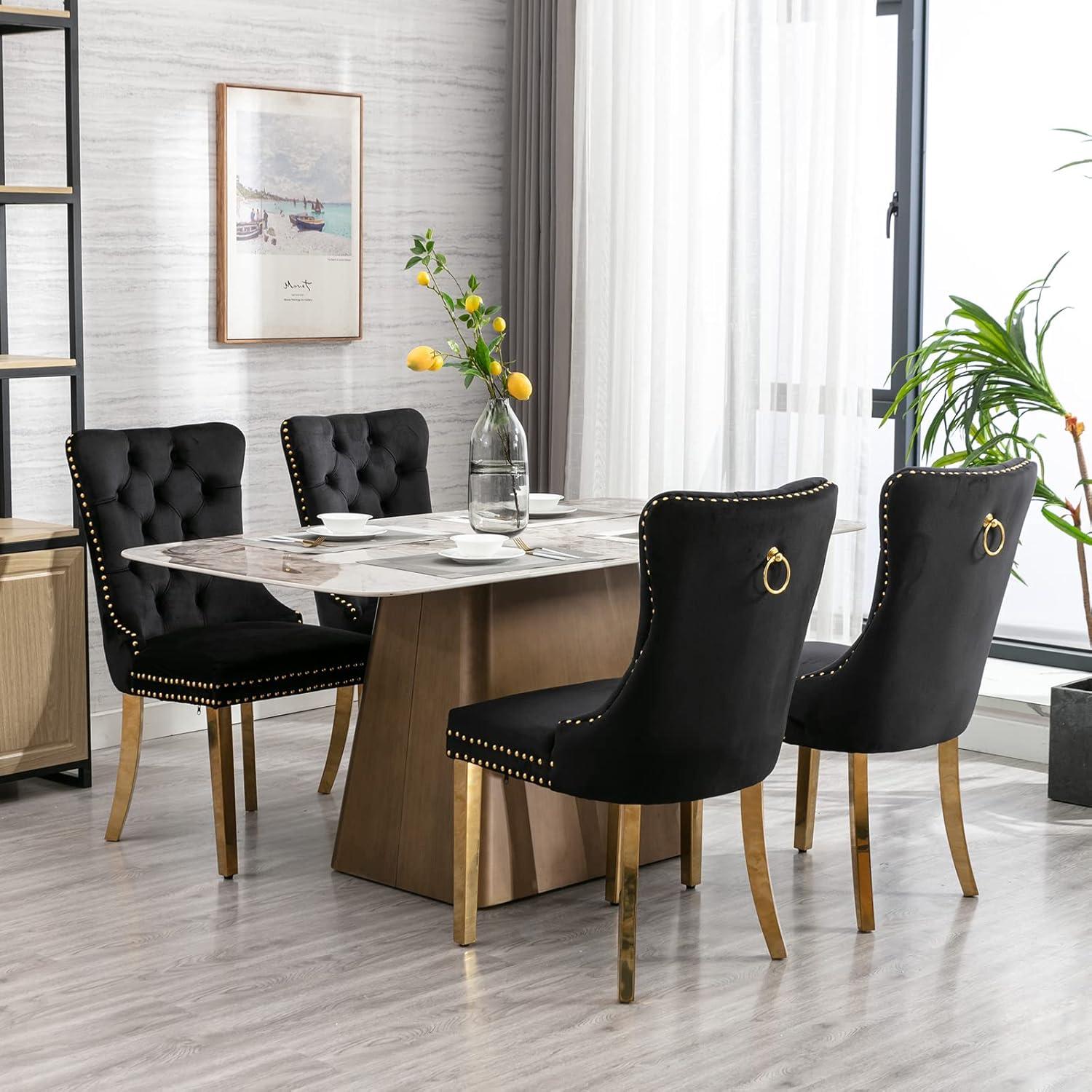 ODUSE-DAILY Black Velvet Dining Chairs Set of 4, Kitchen & Dining Room Chairs, Nailheads Tufted, Sillas De Comedor, Fabric Upholstered, Golden Metal Legs (Black, 4 Pcs)