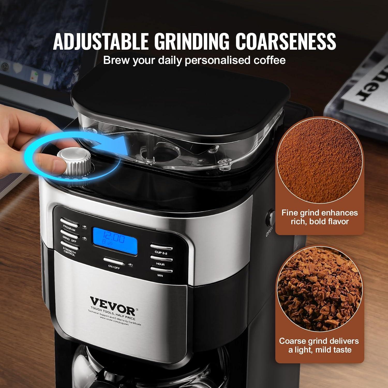 Grind and Brew Coffee Maker Machine, 8 Cup Capacity with 3 Brew Strength Options, Built in Timer for Auto Morning Brew, Ideal for Office Home Cafe, Black
