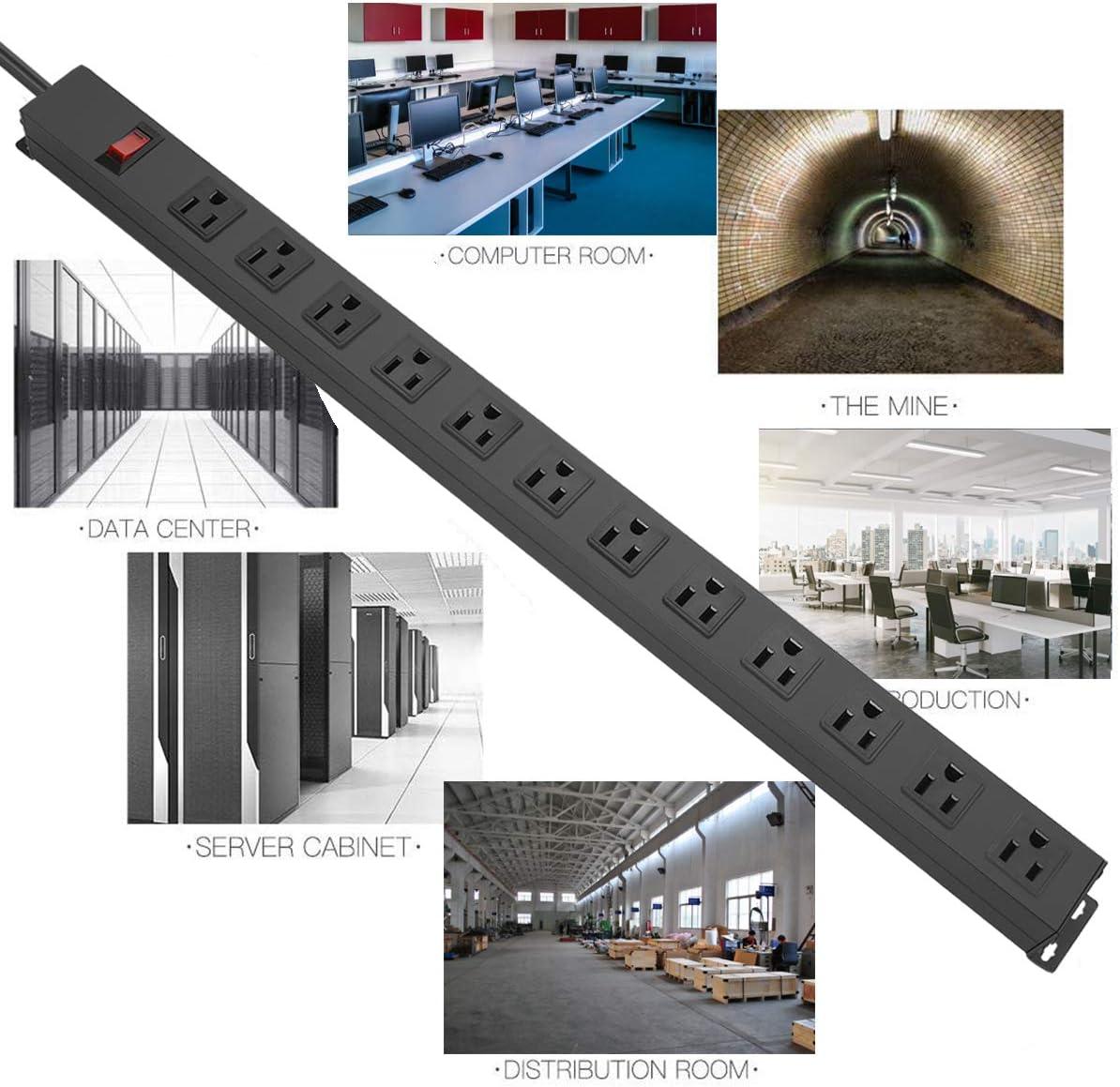 Metal Wall Mount Power Strip, Mountable Power Outlet with 12 AC Outlets, Aluminum Alloy Mount Power Socket with Switch, 6 FT SJT 3/C 14AWG Power Cord, 15A 125V 1875W (12AC) Black