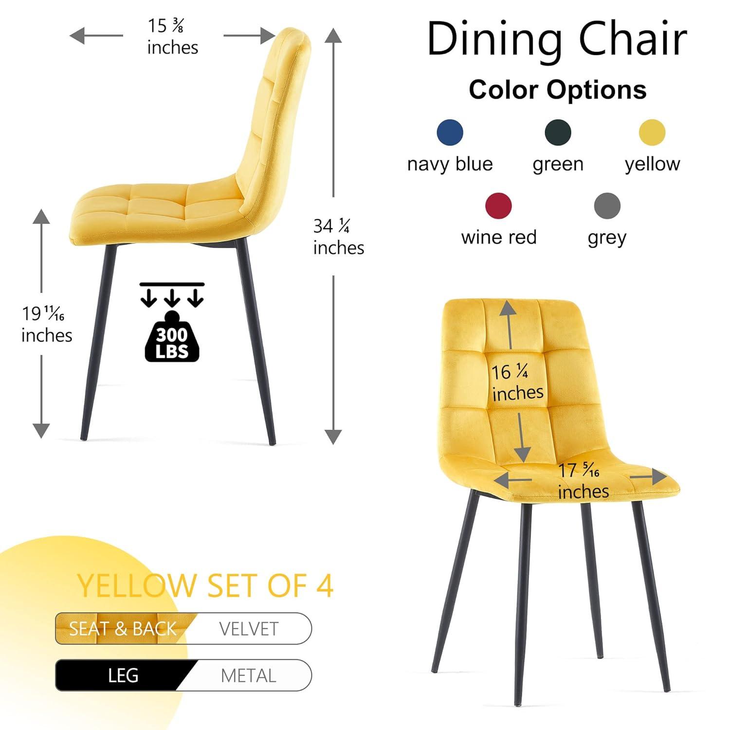 Modern Dining Chair Velvet Set of 4,Upholstered Living Room Chair with No Arms Side Chair High-Back Space Savining Accent Chair with Metal Legs for Dining Room,Living Room, Yellow