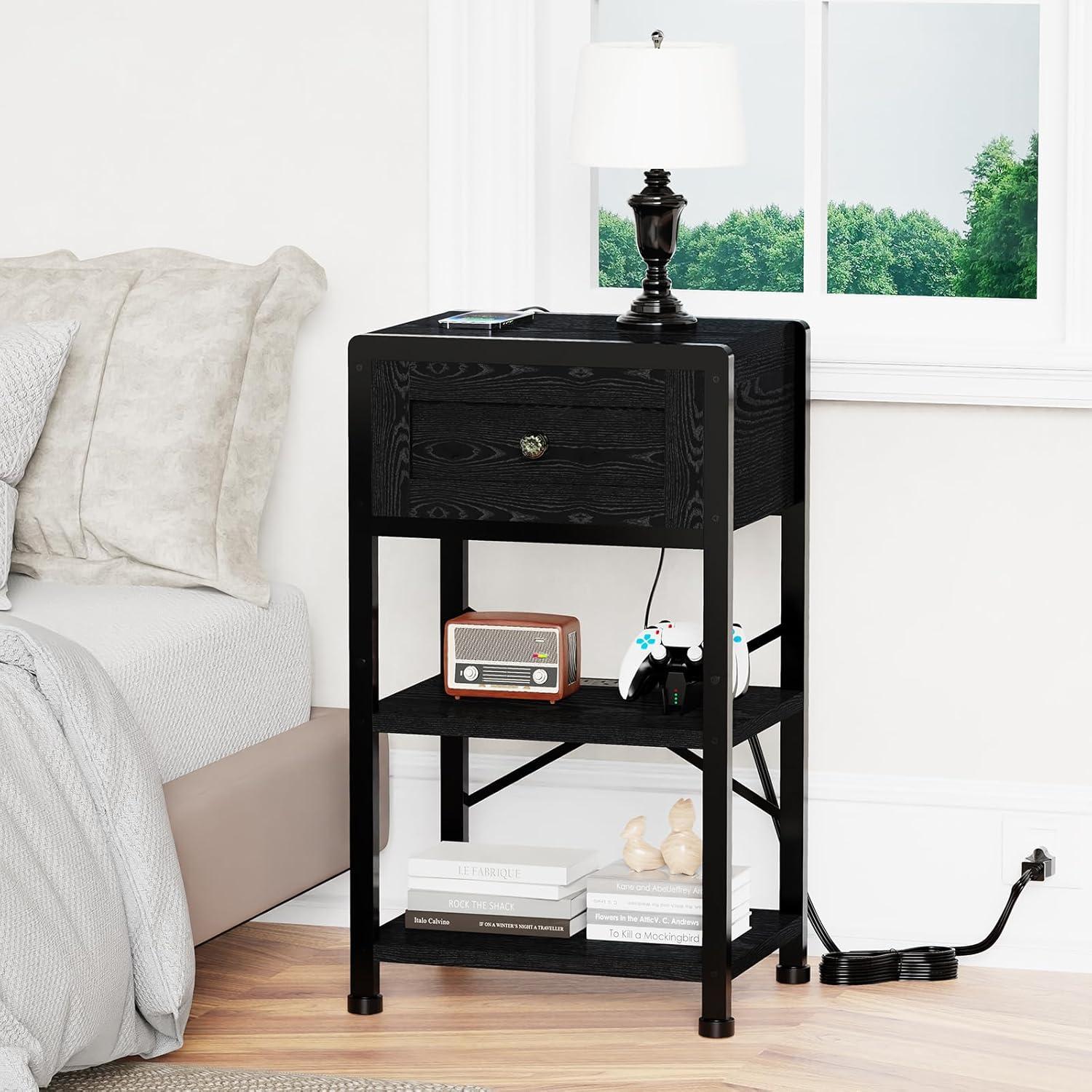 Nightstand End Table with Charging Station, USB Ports, Drawer and Storage Shelf, Black