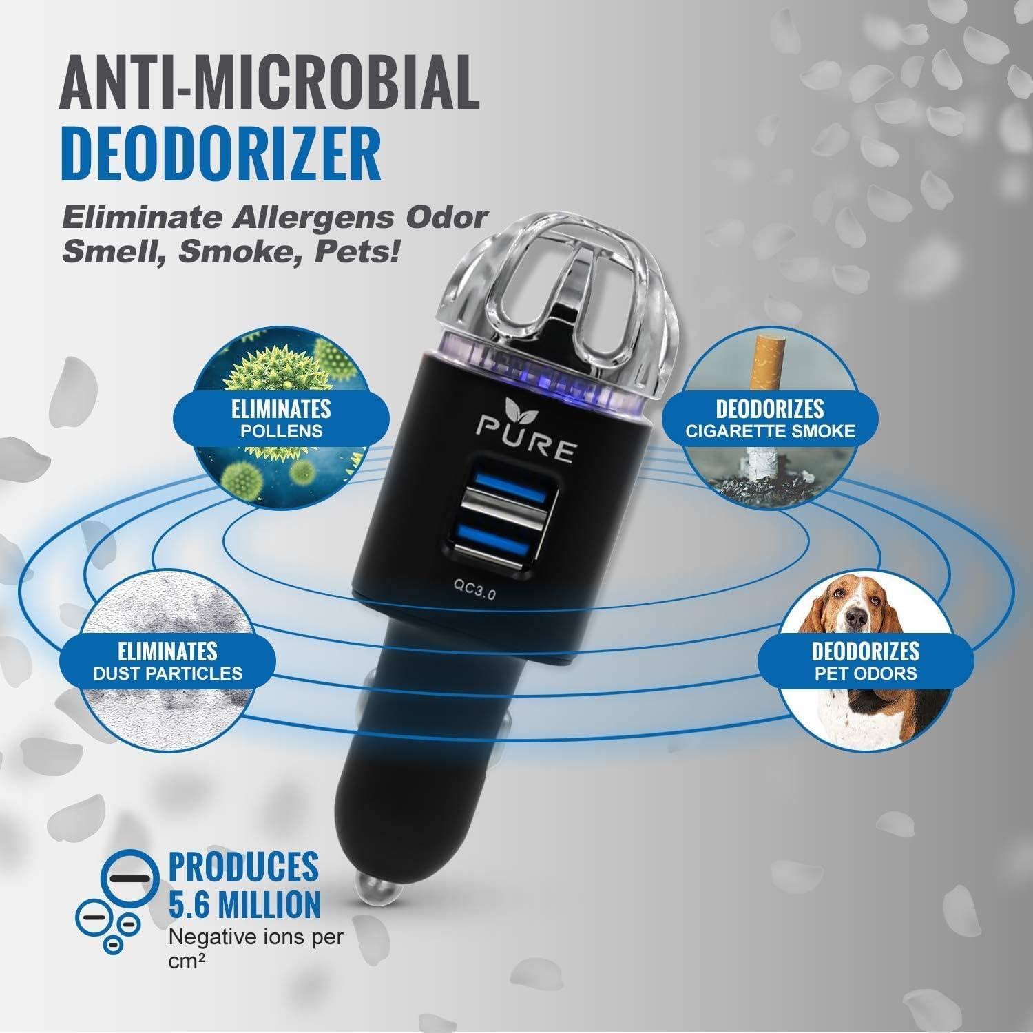 Car Air Purifier Premium Air Ionizer & Car Charger Accessory w/Dual USB Ports - Quick Charge 3.0 - Eliminate Allergens Bad Odor Smell Smoke Pollen Mold Bacteria Viruses - Deodorizer (BLACK)
