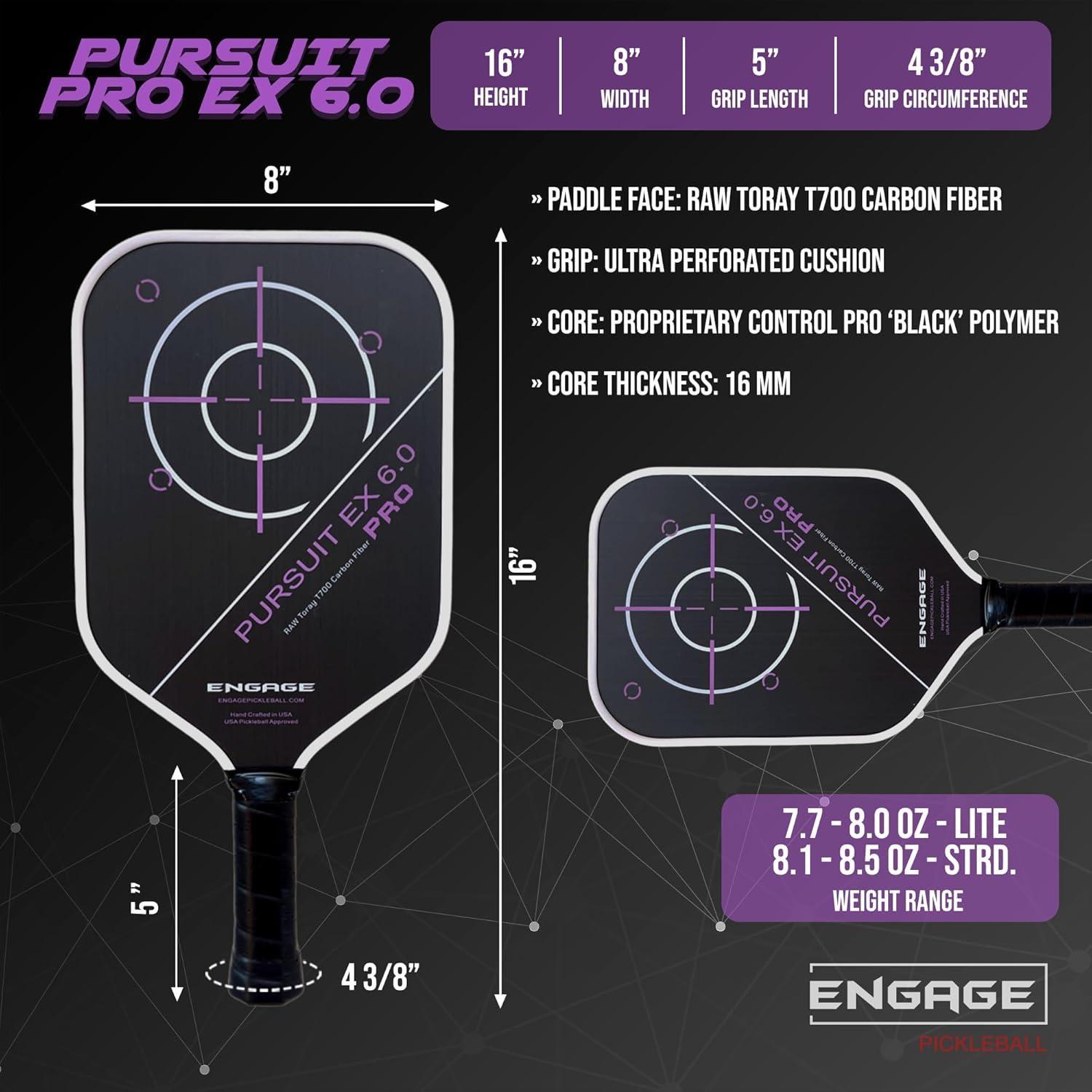 Engage Pursuit Pro EX 6.0 Pickleball Paddle – Widebody Shape, Raw T700 Toray Carbon Fiber Face, 16mm Control Pro Core, (Deep Magenta, LITE)