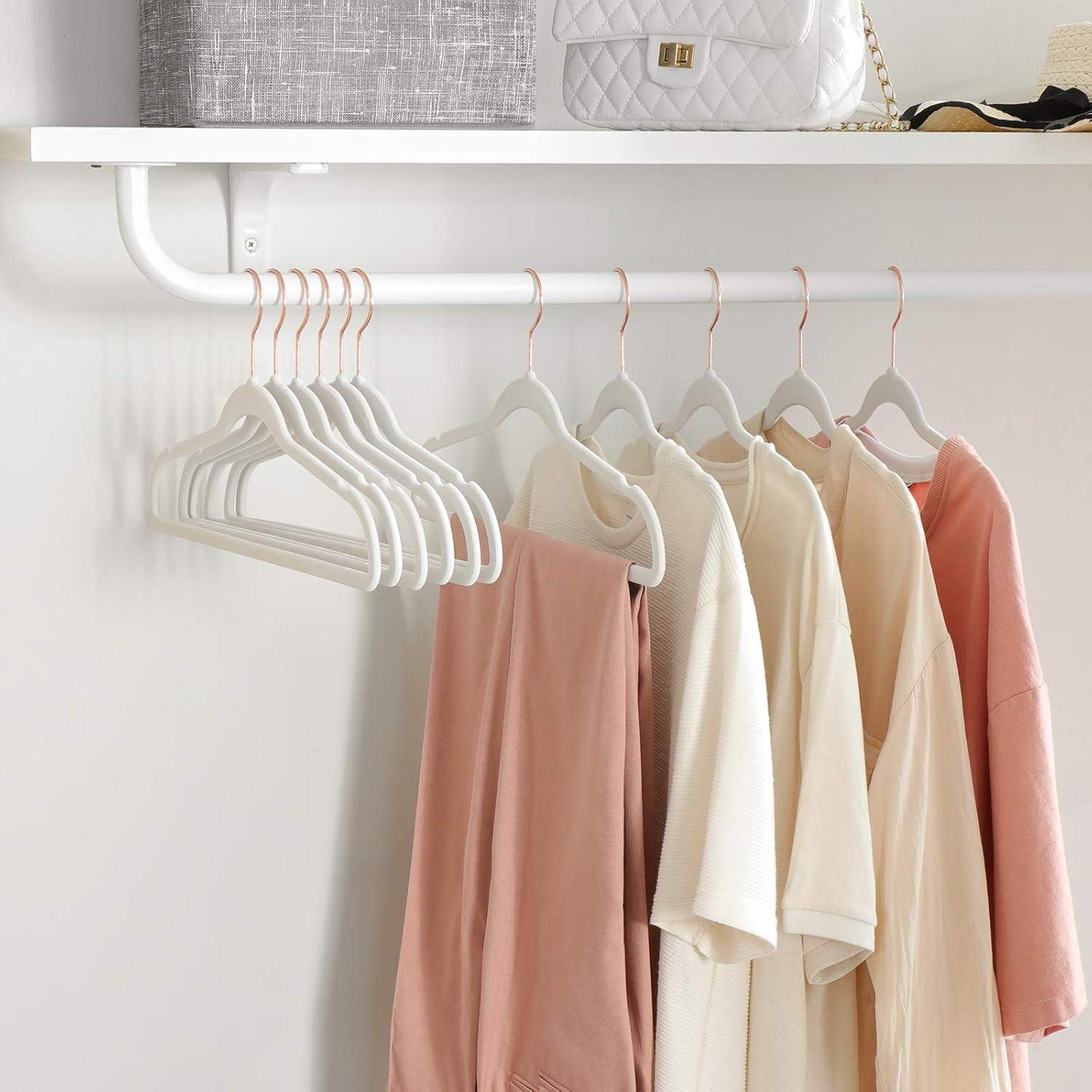 50 Pack Velvet Hangers Non-Slip Clothes Hanger with Rose Gold-Colored Swivel Hooks Space Saving White