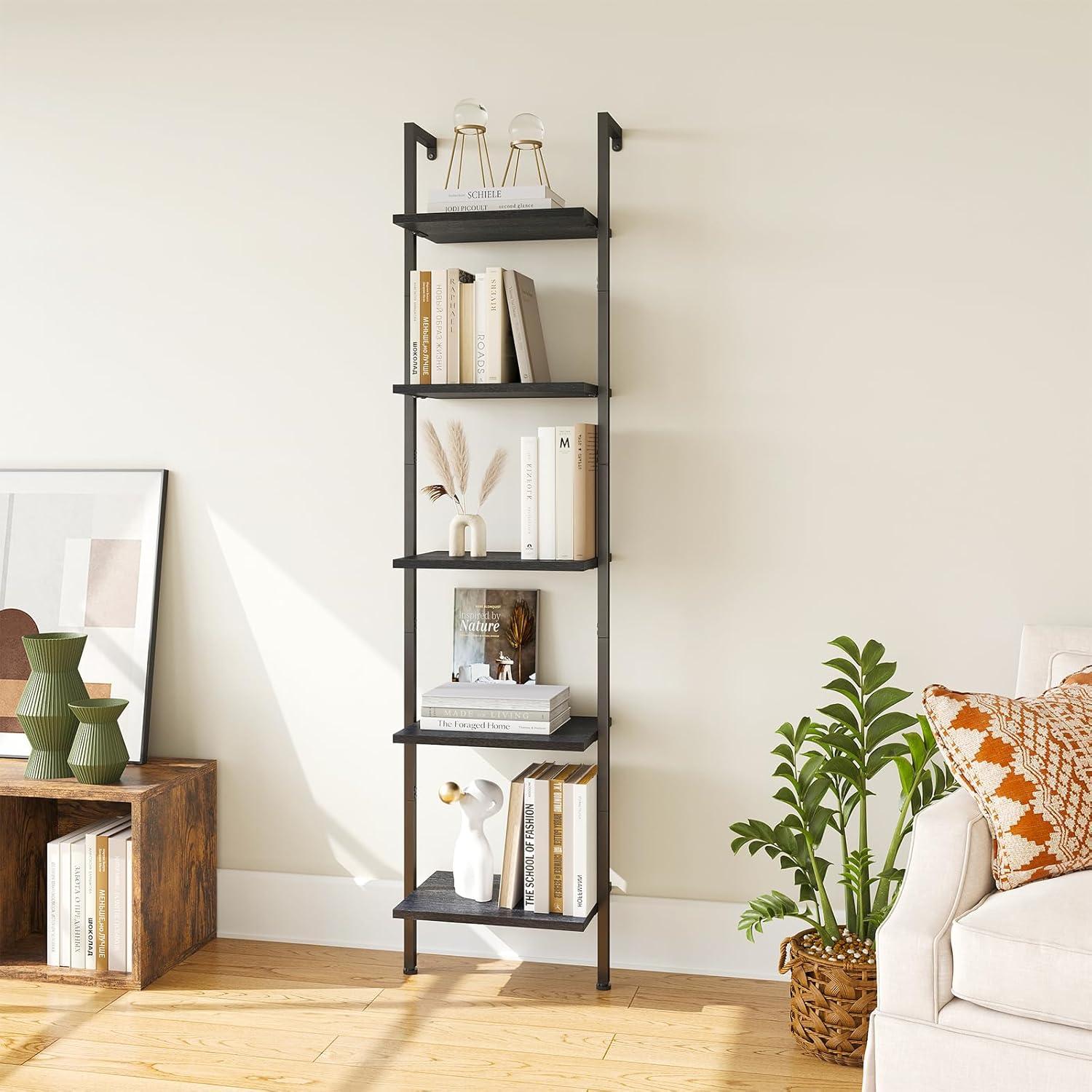 Ladder Shelf, 5-Tier Wood Wall Mounted Bookshelf with Metal Frame, Vintage Open Display Organizer Rack, Leaning Storage Shelves for Living Room, Bedroom, Home Office, Black