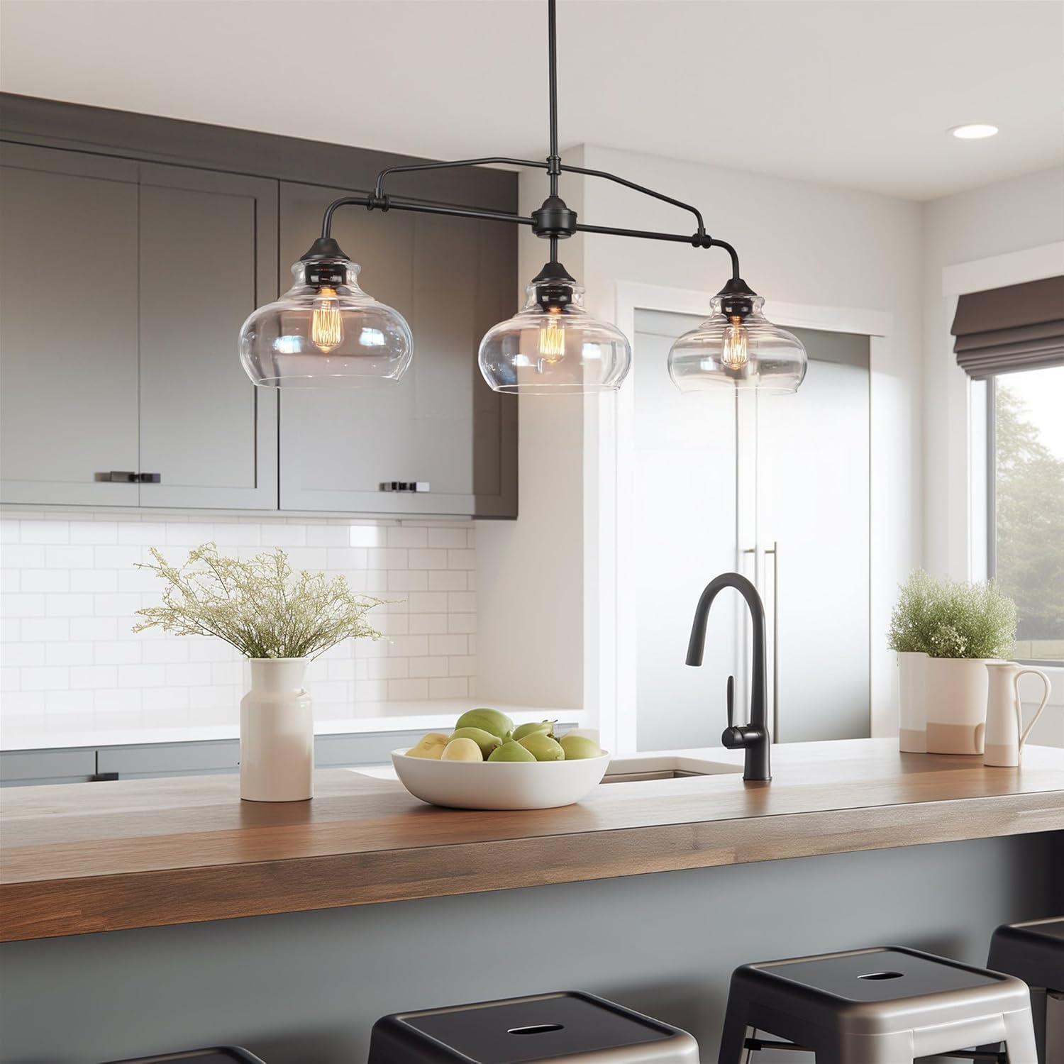 Harlow 38" Oil-Rubbed Bronze Modern Industrial Farmhouse Kitchen Island Light with Clear Glass Shades
