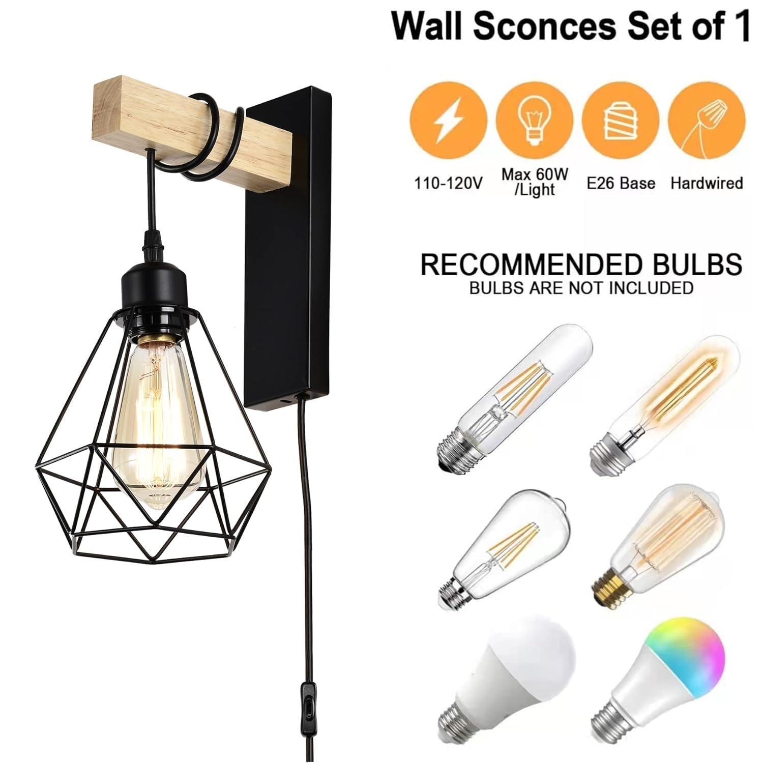 Plug in Wall Sconces Set of 2 with 6 FT On/Off Switch Cord, Wall Light Fixtures Black Industrial Farmhouse Indoor Wall Latern For Bedroom Living Room