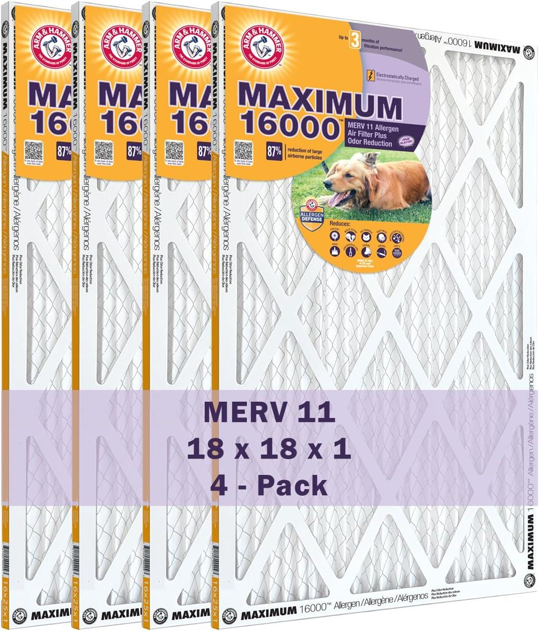 18x18x1 Arm & Hammer Maximum 16000 Allergen Odor Air Filters (MERV 11) (4-Pack)