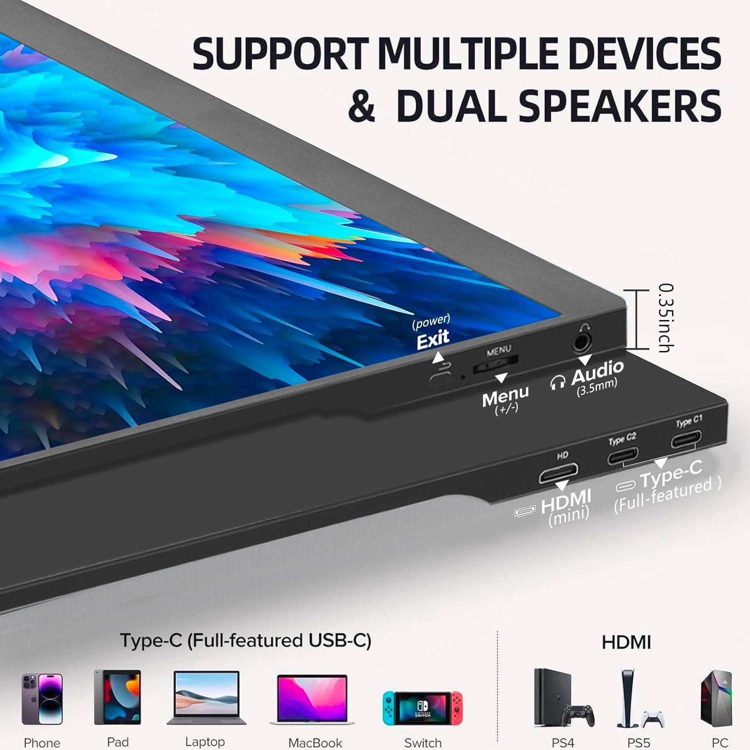 Portable Monitor 15.6" 1080P FHD USB-C HDMI Computer Display with Smart Cover and Dual Speakers, Travel Monitor for Laptop Mac PC Phone PS4/5 Xbox Switch