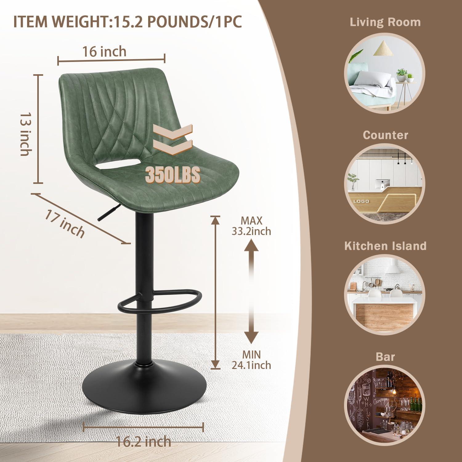 Restworld Set of 2 Modern Adjustable Bar Stools,Faux Leather Swivel Counter Stools with Sturdy Large Base, Ideal for Kitchen and Dining Areas,Green