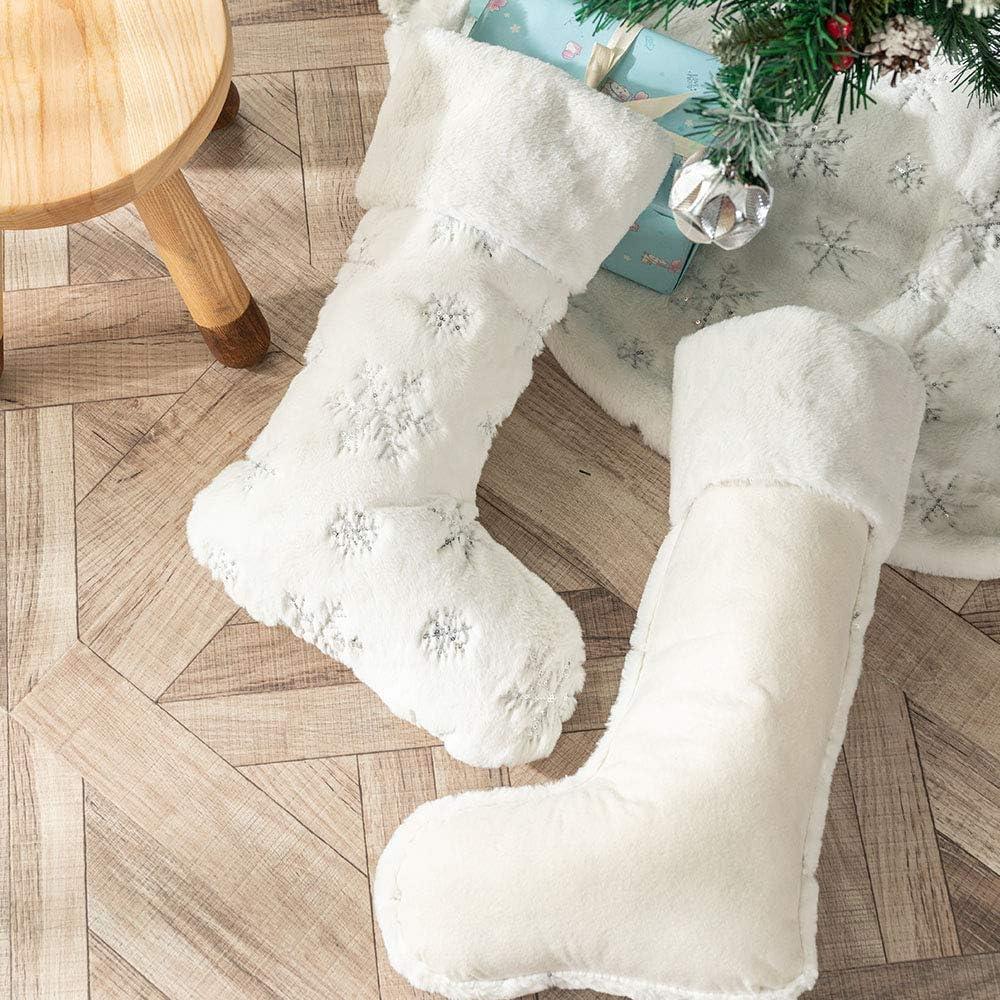 2PCS Plush Christmas Stockings White Faux Fur Large 56cm Deluxe Hanging Xmas Stockings with Silver Sequin Snowflake for Christmas Fireplace Decorations (White-S, 22inches)