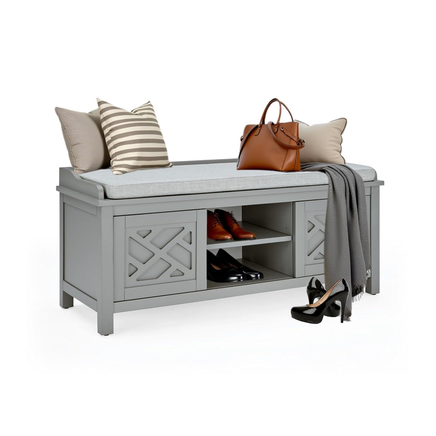 Alaterre Furniture Coventry 45 in. Pine Wood Storage Bench with Cushion, Entryway Organization & Decoration, 3 Adjustable/Removable Cubbies, Gray