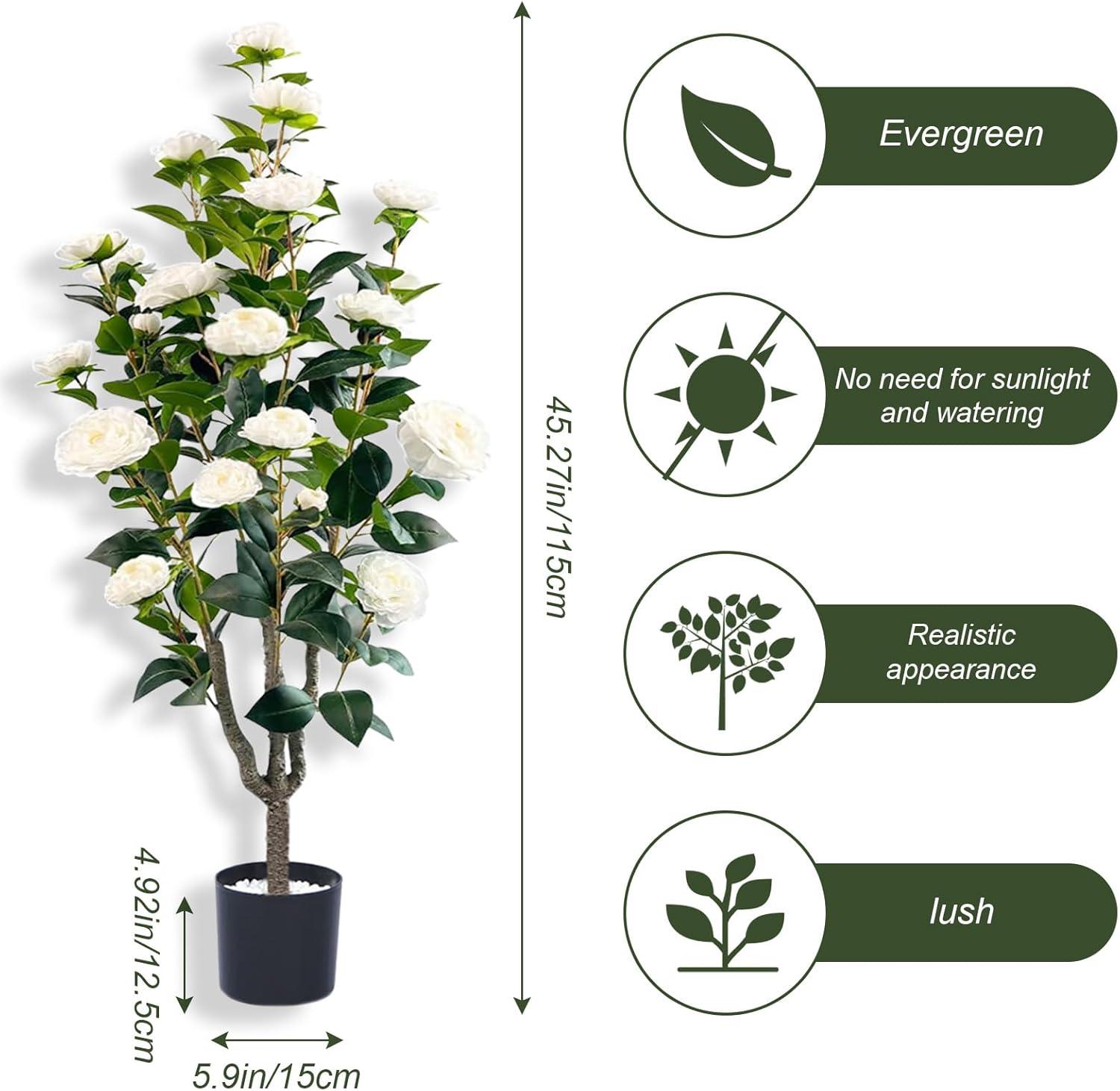 45" Artificial Camellia Tree 2 Pack Large Blooming Tree in Pot with White Flowers, 3.75ft Faux Floral Camellia Plants Fake Greenery Potted Tree for Indoor, Outdoor, Home,Office