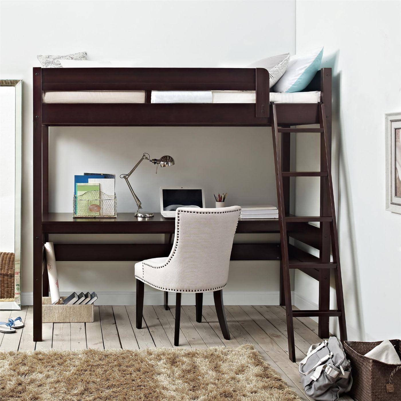 Espresso Twin Wood Loft Bed with Headboard and Slats