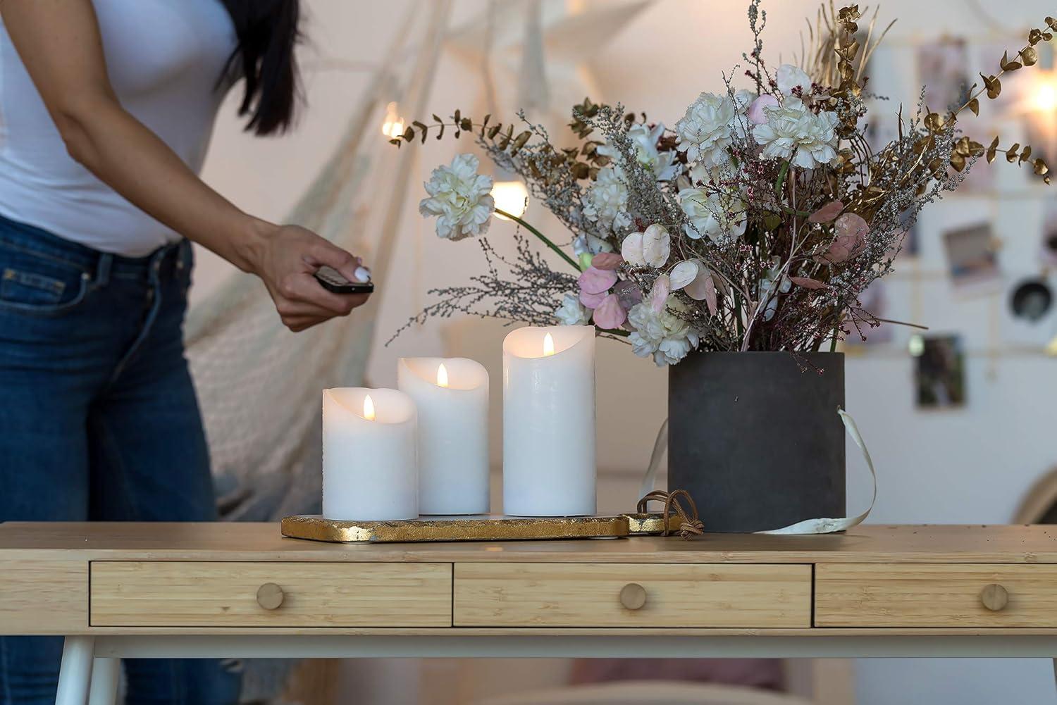 VENTA Set of 3 Ivory & White Pillar Candles | Real Wax Battery Operated Flickering LED Candles with Remote | Timeless Decor for Farmhouse, Modern & Mantel Displays