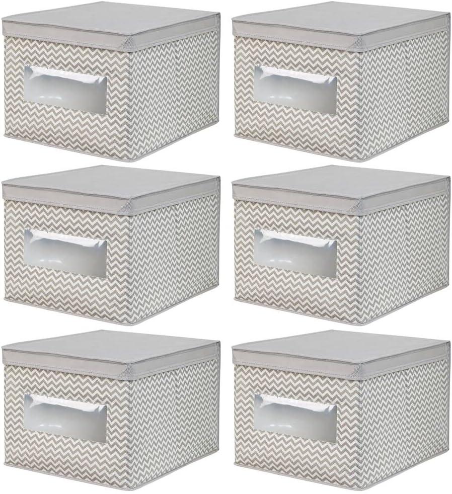 mDesign Large Fabric Closet Box with Window/Lid, 6 Pack, Taupe/Natural Chevron