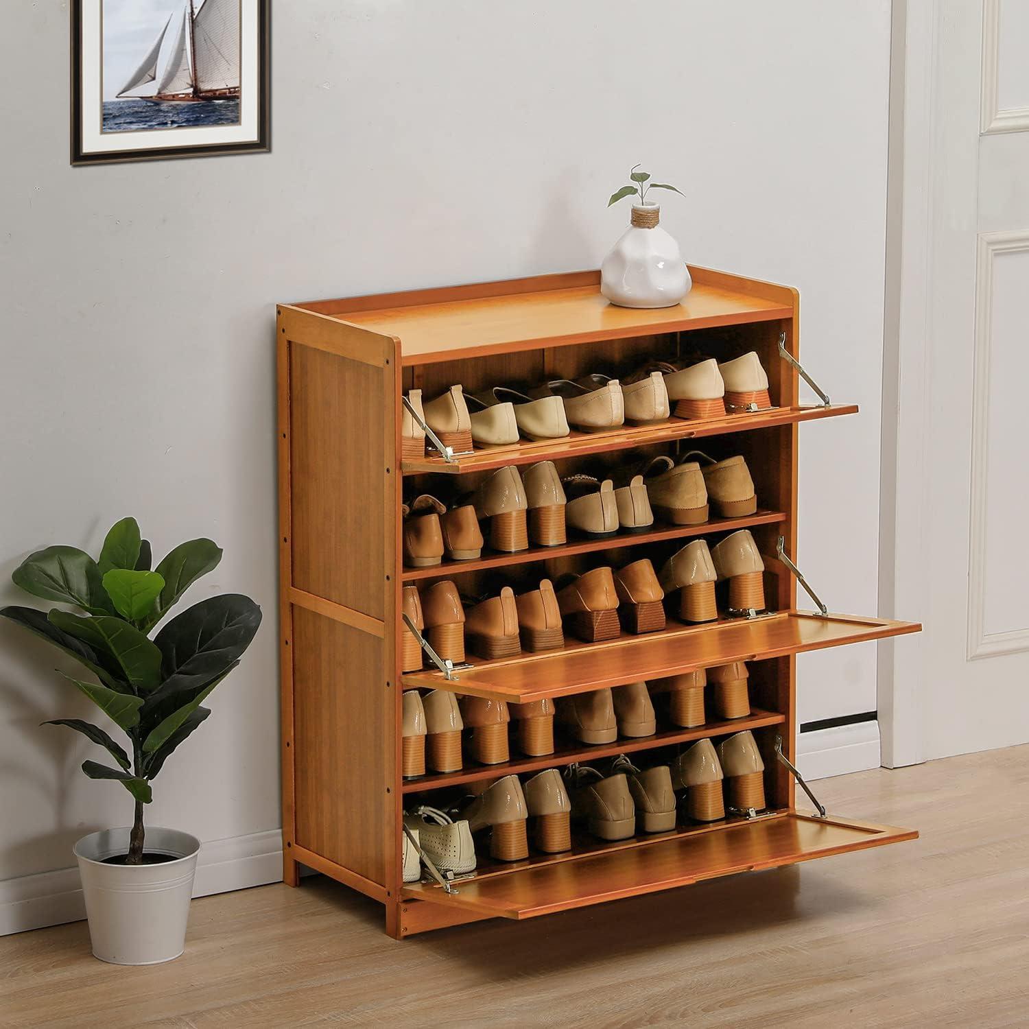 5 Tier Shoe Rack Bamboo Organizer Shelves with Door 20 Pairs High Heels Boots for Hallway Entryway