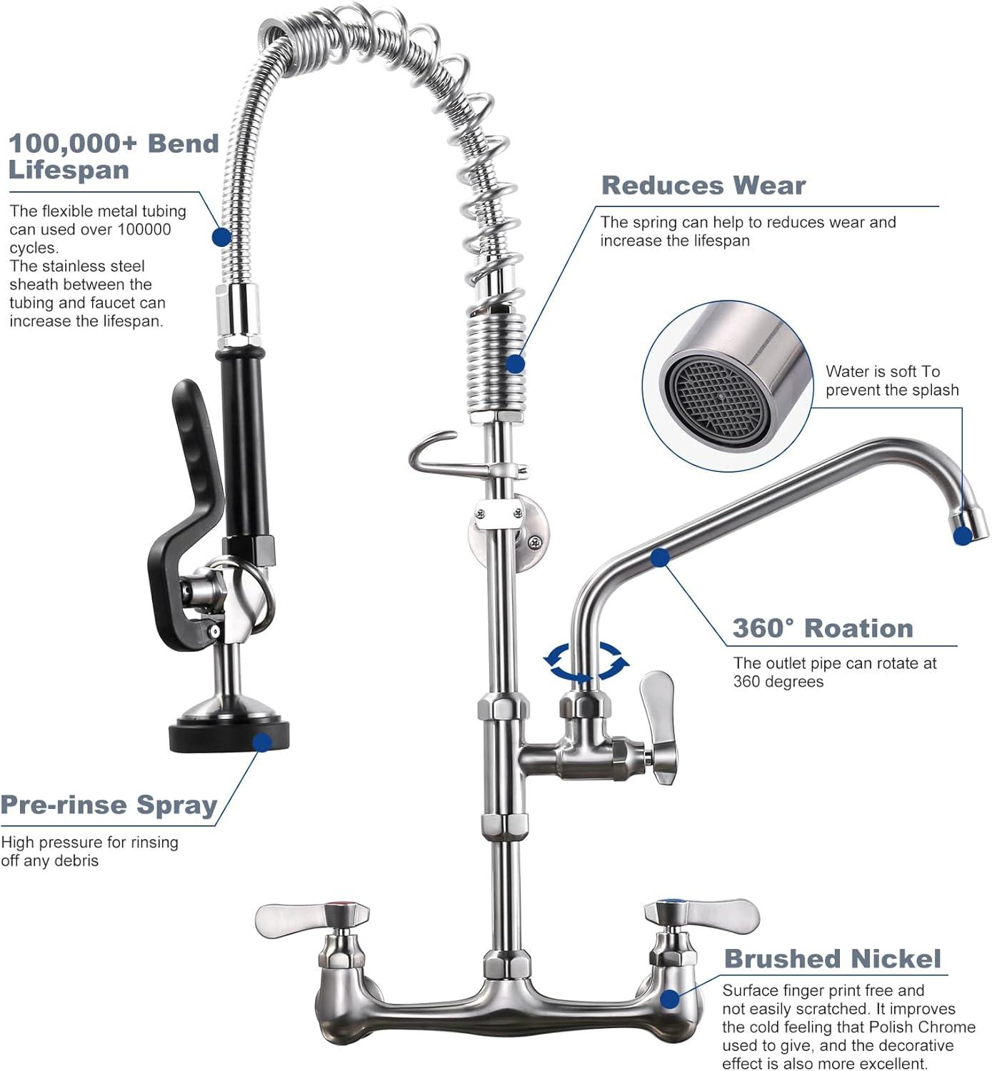 Brushed Nickel Wall Mount Commercial Kitchen Faucet with Pull Down Spray