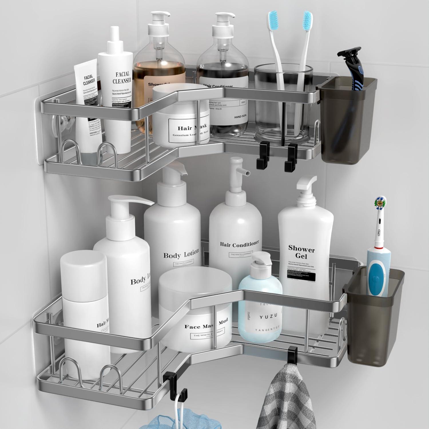 Corner Shower Caddy 2 Pack Organizer Shelves No Drilling Stainless Steel with Hooks&Toothpaste Holder