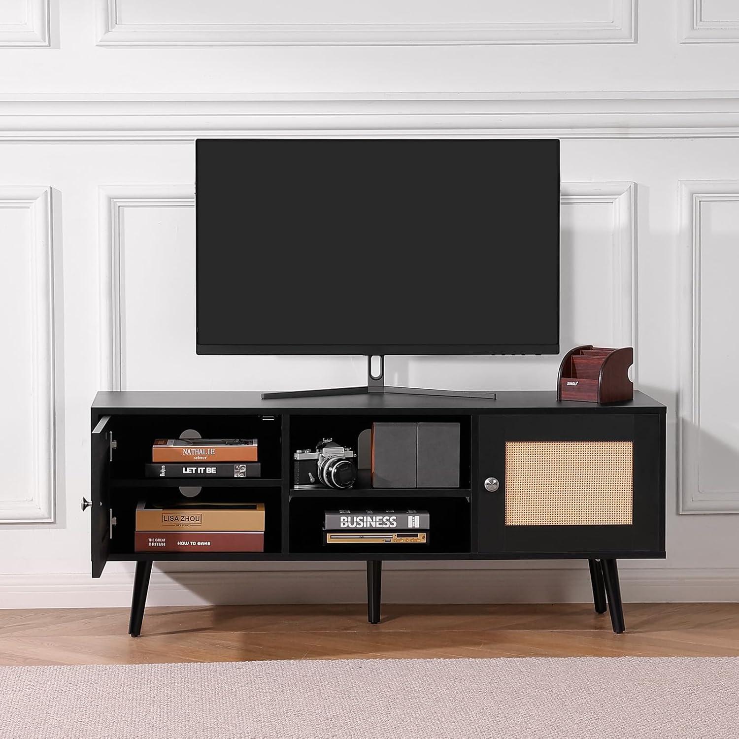 Rattan TV Stand, Boho TV Cabinet for 55 inch TV, Mid Century Modern TV Stand, Rattan TV Console with Adjustable Shelfs for Living Room, Media Room, Black
