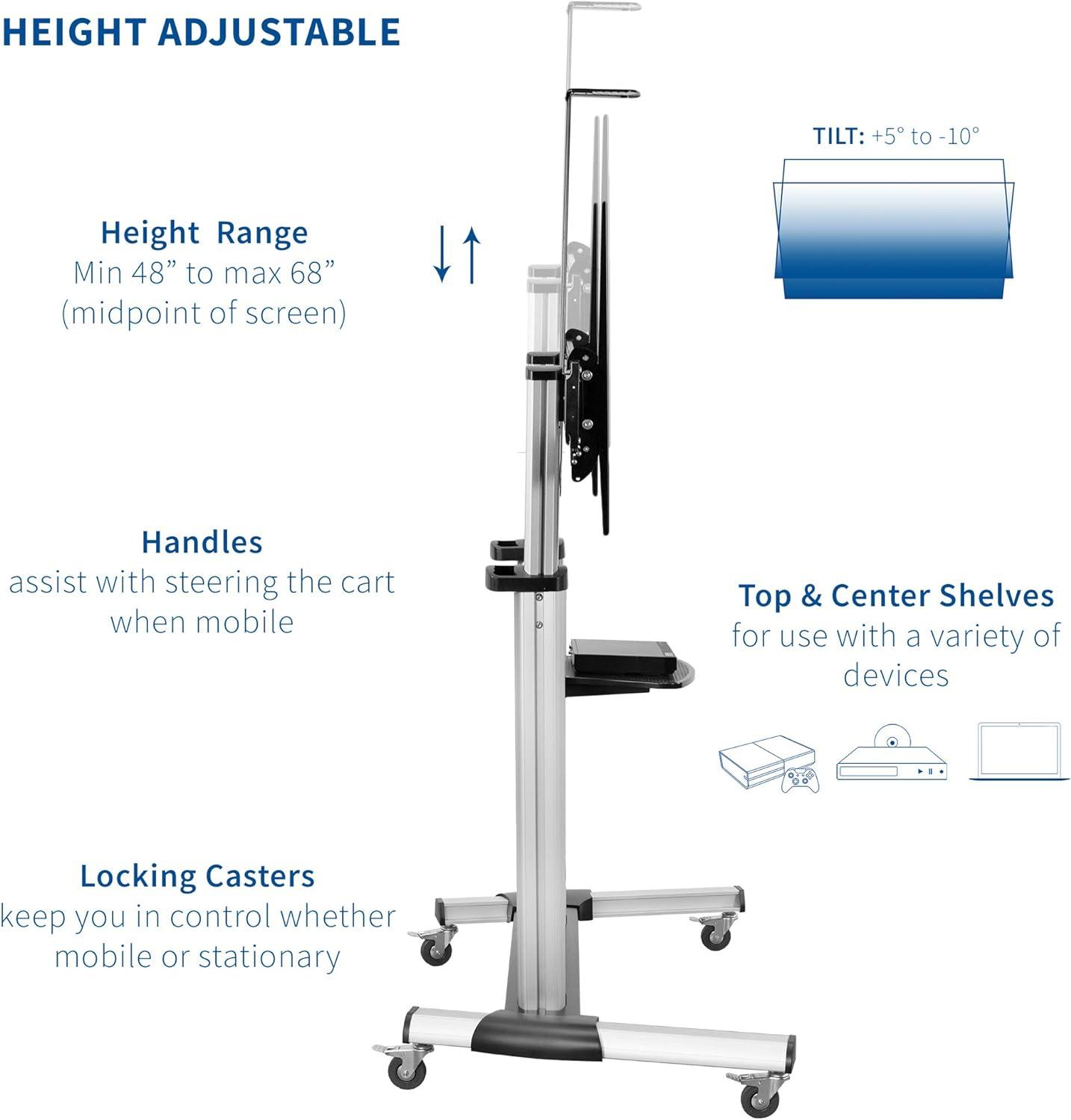 Adjustable Heavy Duty Silver Mobile TV Cart with Shelves