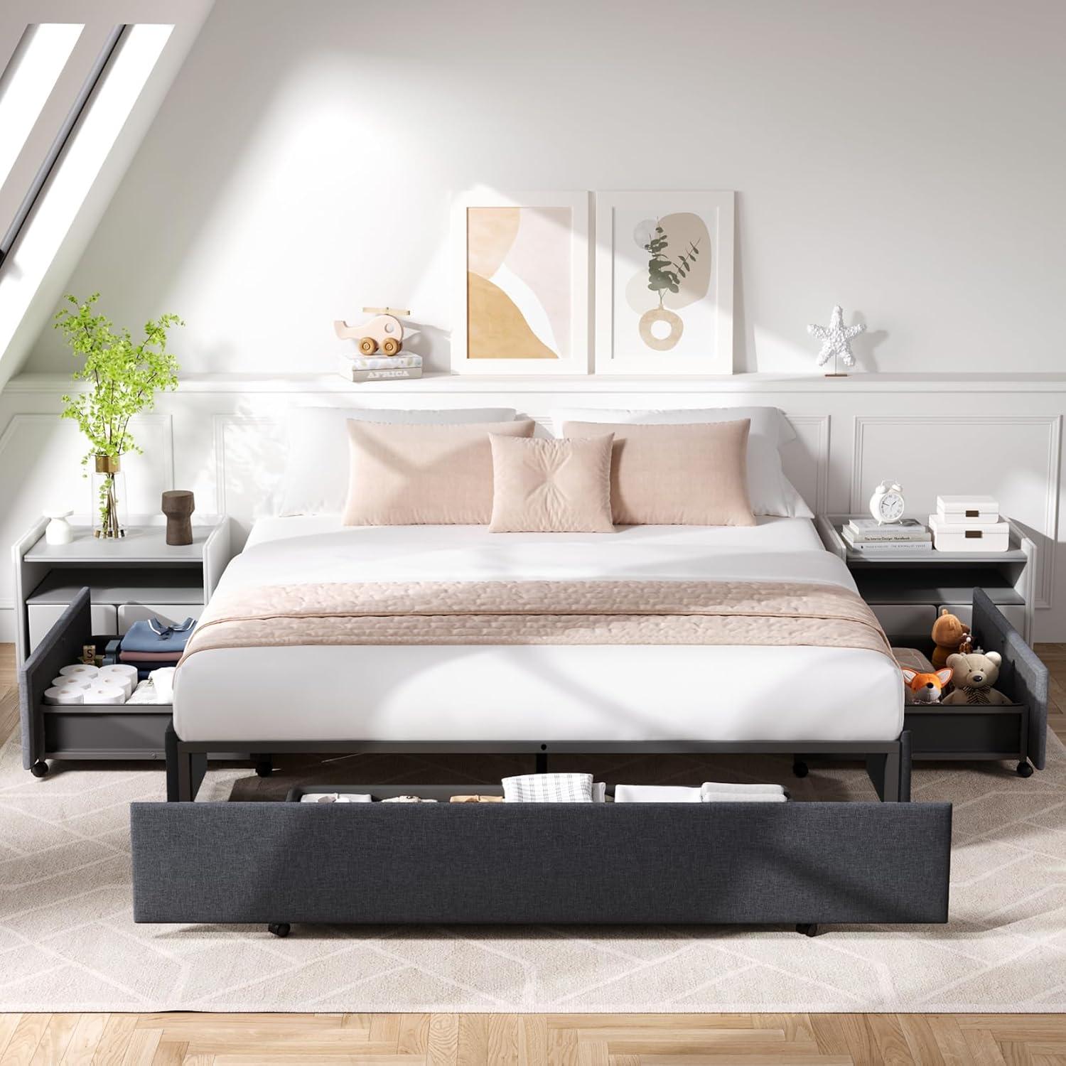 Amolife Base de Cama con Plataforma Tapizada Tamaño Queen con 3 Cajones de Almacenamiento, Gris Oscuro
