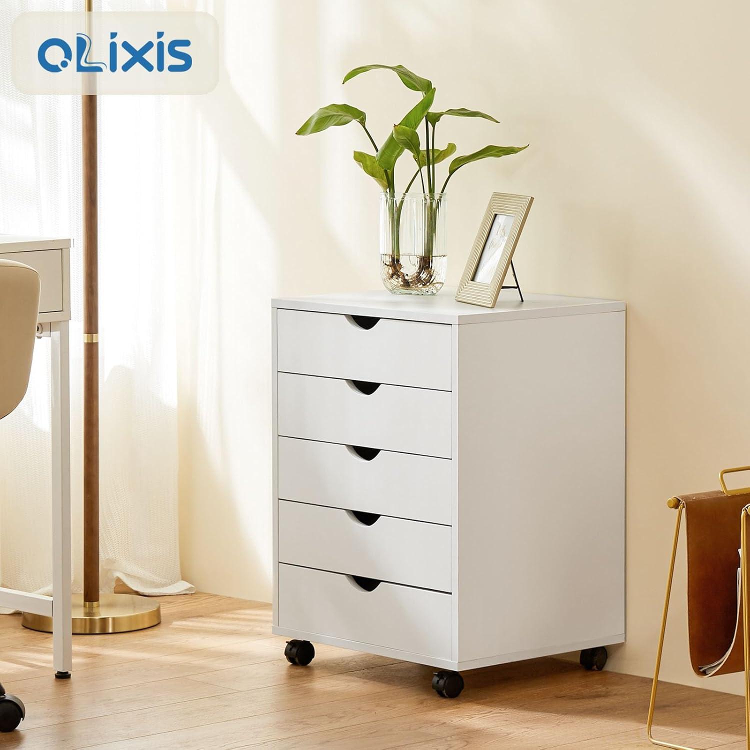5 Drawer Dresser, Chest Dressers with Wheels, Wood Storage Cabinet for Bedroom, Home, Office Organization, White
